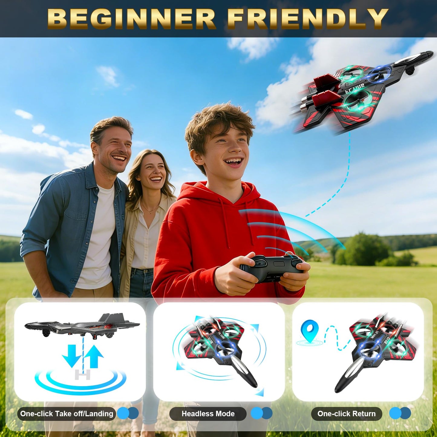 Foam RC Airplane for Kids & Adults, Easy to Fly Remote Control Fighter Jet with LED Lights, 360° Flip Stunt RC Plane, Durable EPP Foam, 2 Batteries, Outdoor Airplane Toy Gift for Boys Ages 8-16