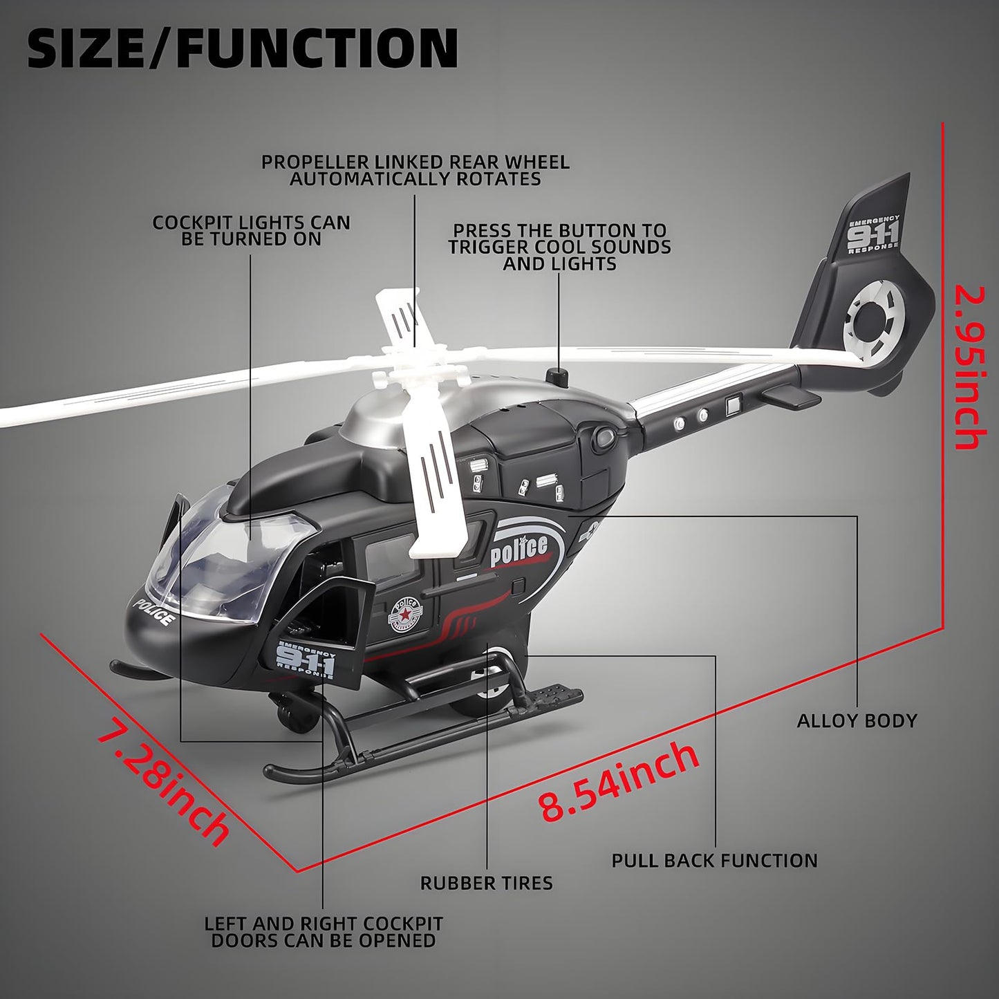 NOVAFUSION Kids Helicopter Toy Diecast Military Helicopter Model Kit,Pull Back Plane with Lights and Sound,Toys Airplane with Rotatable Propeller for Boys Age 4-7（Black）