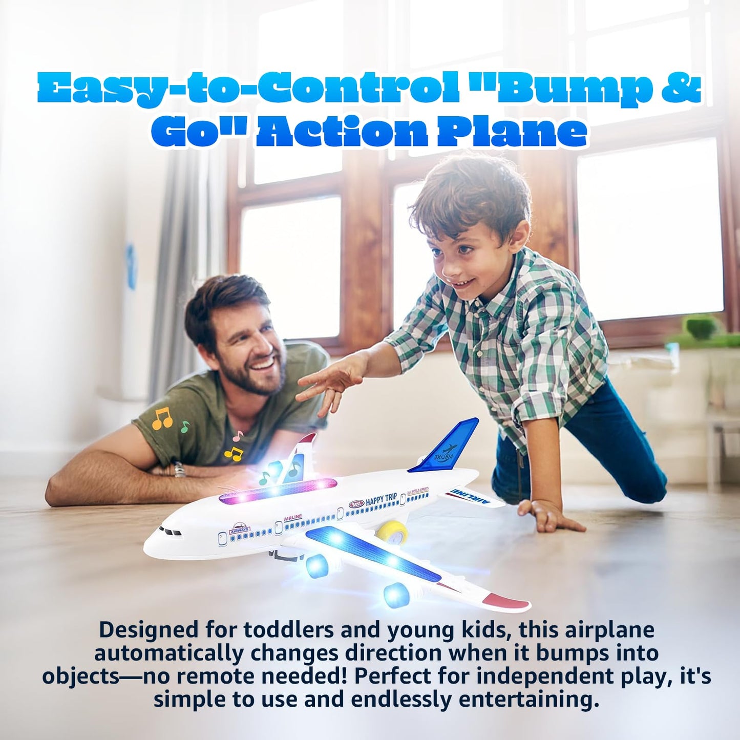 AtomDream Tech Aeroplane Toy - Electric Aeroplane Toy with Flashing LED Lights & Sounds – Bump and Go Mechanism, Durable ABS Construction, for Kids Ages 3-8