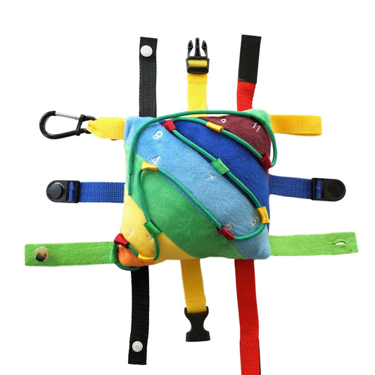 SENSORY4U Buckle Pillow Sensory Fine Motor Development Toy Activity Plushie - OT Therapy Tool Threading Counting Latches Zipper Skills