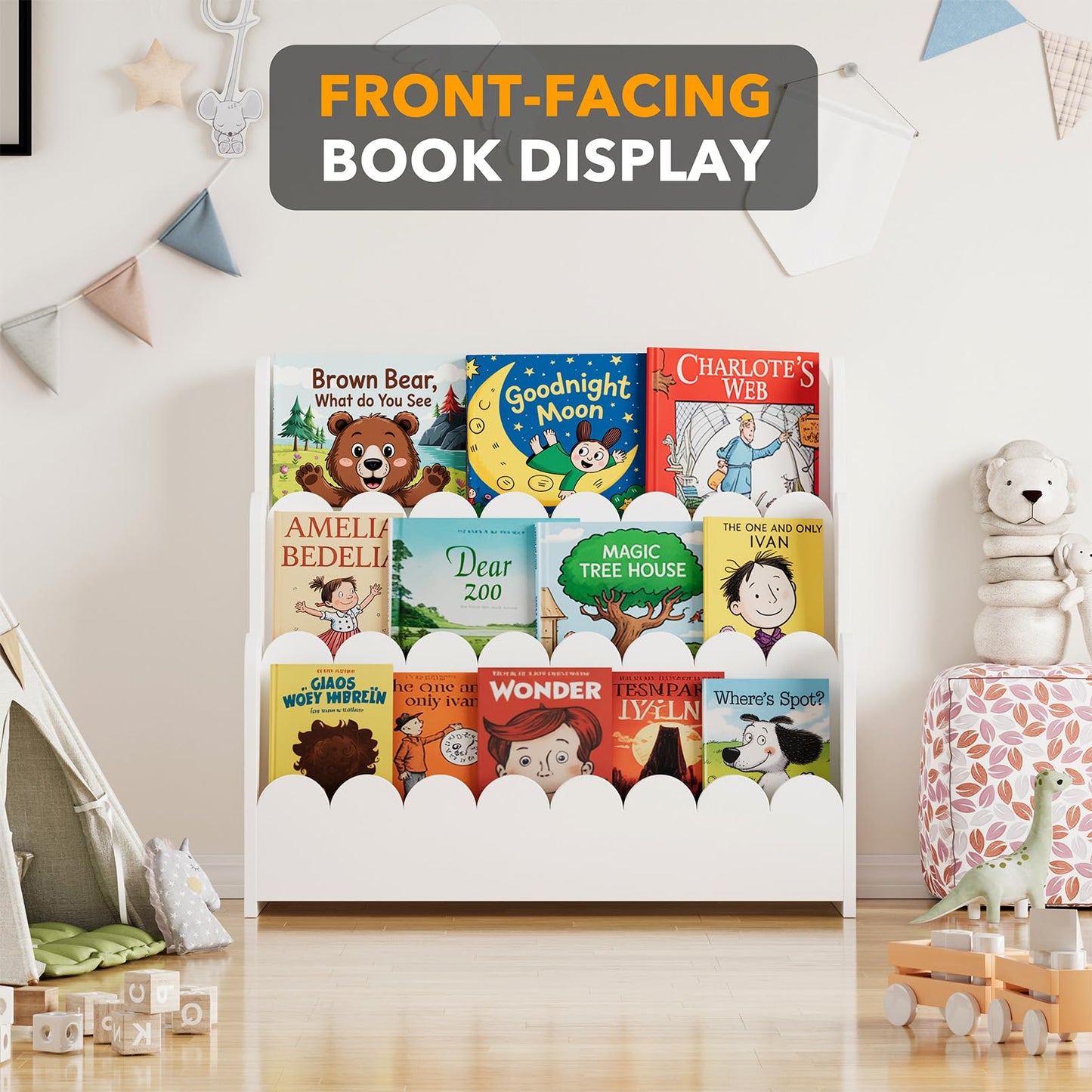 SpaceAid 3-Tier Scalloped Bookshelf, Montessori Bookcase for Toddlers, Wooden Book Shelf Organizer Display Furniture for Kids Rooms, Playroom, Nursery and Classroom, White