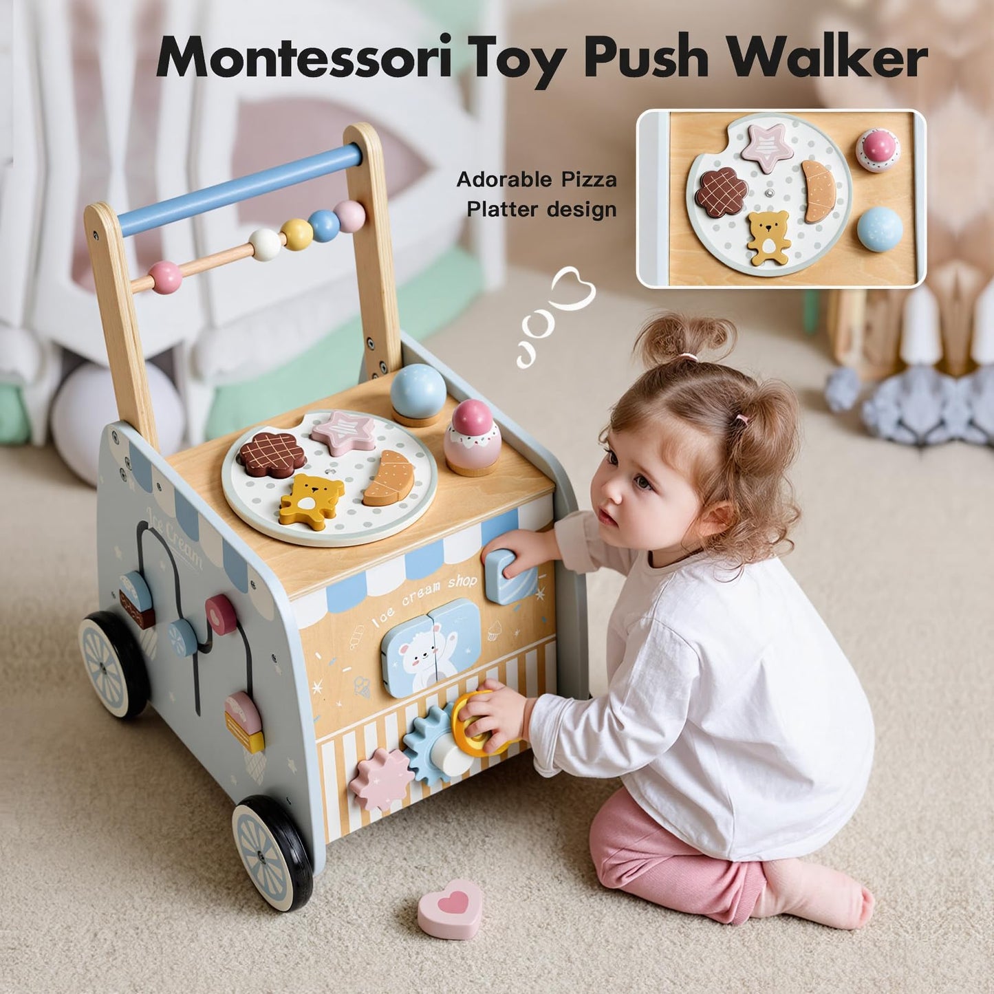 Frogprin Wooden Baby Walker, Multifunctional Ice Cream Cart, Push Walker with Wheels, Montessori Walker Toy with Activity Center, Pretend Playset Ideal for Toddlers, Boys and Girls Ages 12M+