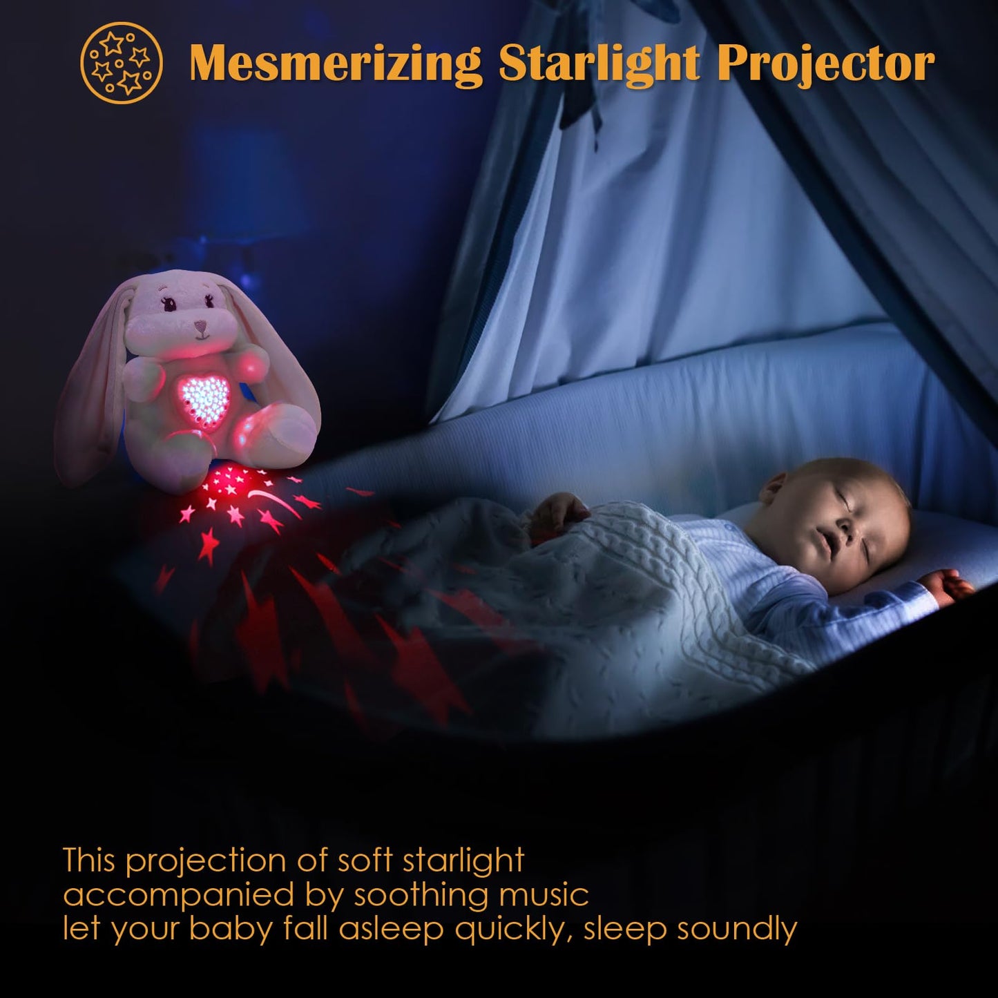 Baby Sleep Soother Bedtime Bunny Toy with Cry Sensor, Mom‘s Heartbeat Lullabies White Noise, Starlight Projector, Toddler Crib Sleeping Aid for Infant,Boy Girl Baby Gifts