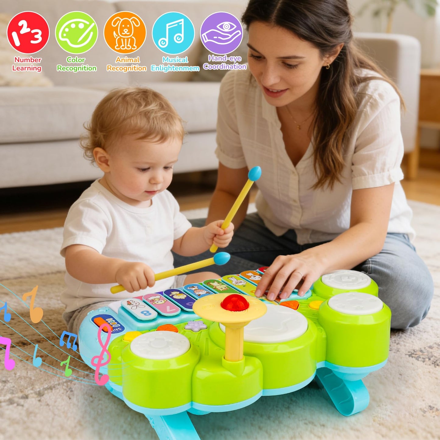 Baby Piano Drum Set for Toddlers 1-3, Musical Toys 3 in 1 Baby DJ Table Piano Keyboard Xylophone Instruments for 1 2 Year Old Boys Girls Music & Light Activity Table 6-12-18 Months Old Birthday Gifts