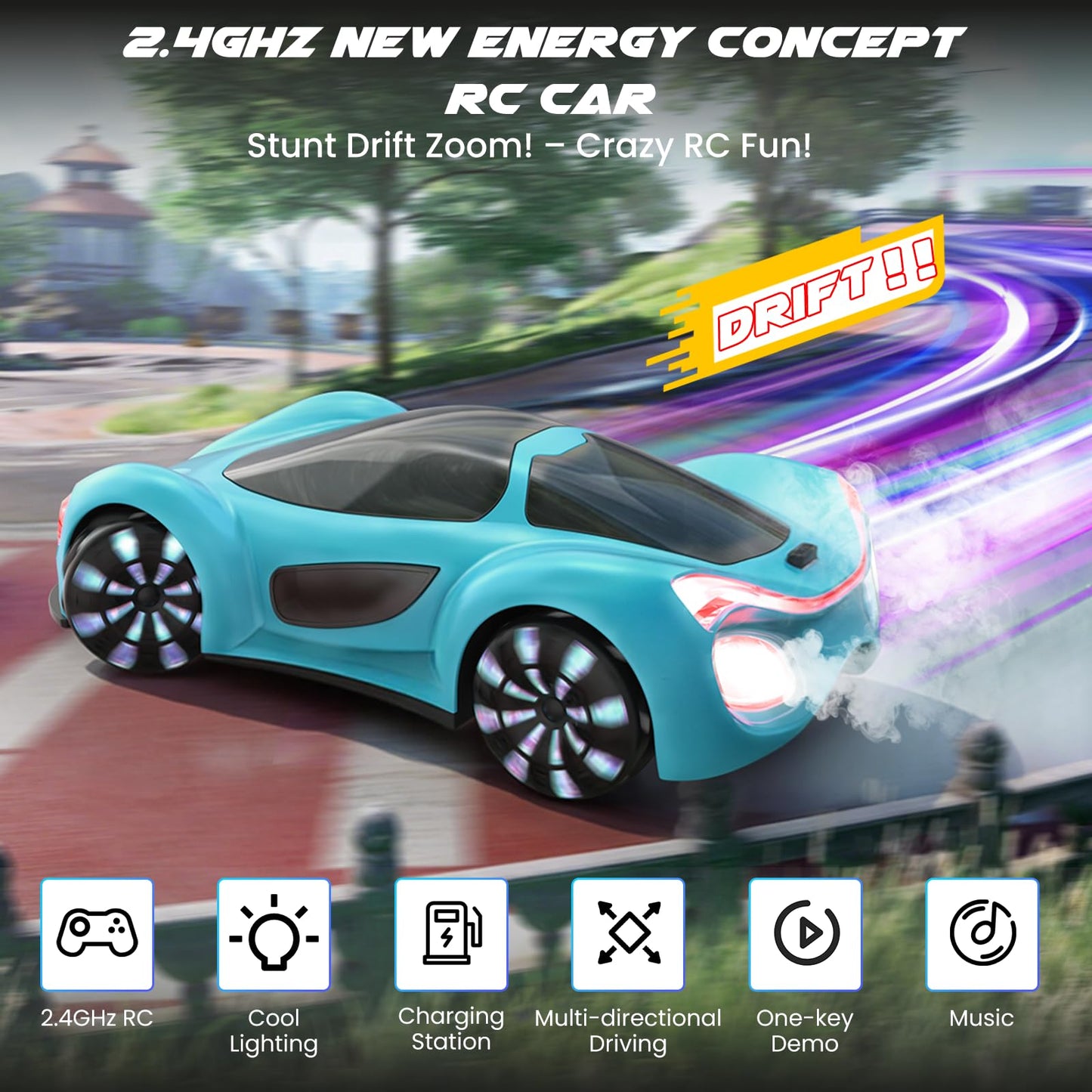 SIMREX Gesture Sensing Remote Control Car with Charging Dock - 360° Rotate Drift RC Stunt Car Toy, 40 Min Playtime, Dual Control, Spray Mist & LED Lights, Birthday Gift for Kids Boys Girls（Blue）