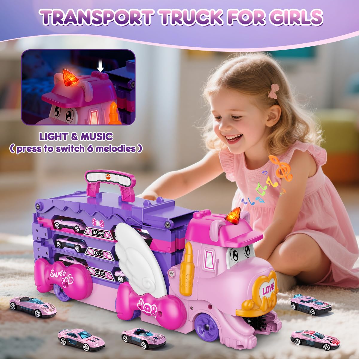 VATOS Toddler Truck Car Toys for 3 4 5 6 Year Old Girls, Foldable Race Track Toy with 6 Race Cars, Portable Transport Carrier Truck with Light & Music, Princess Toys Cars Gift for Kids Girls