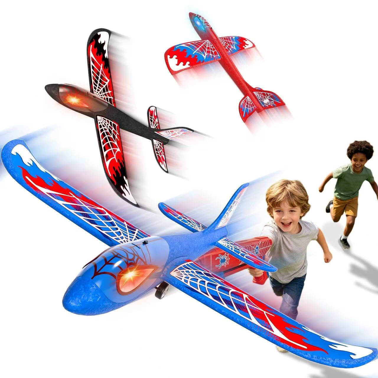 Doloowee Foam Airplane Launcher Toys for Kids, Outdoor Sport Flying Toys, 3 Pack 12.6" Foam Glider LED Plane, 1 Catapult with 3 Foam Planes, Gifts for 3 4 5 6 7 8 9 10 12 Year Old Boys Girls