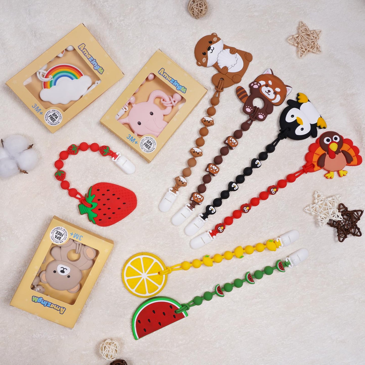 Cute Animal Baby Food Grade Silicone Teether Toy with One Piece Design Pacifier Clip Holder,Teething Toys Gift Set for 3 Months+ Boys and Girls,Freezer Safe,BPA Free (Otter)