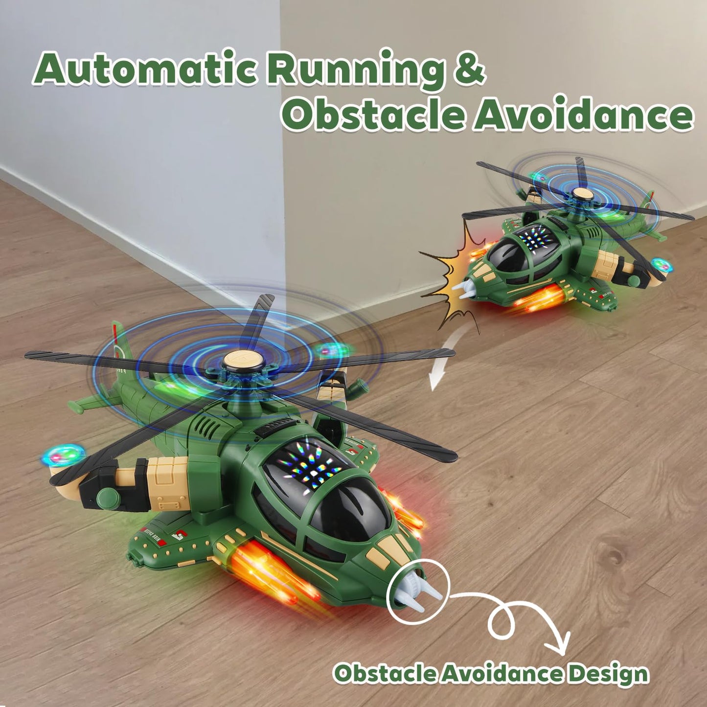 victob Helicopter Toy for Toddlers with Lights and Music, 360° Rotating Airplane Toy for Kids, Bump-and-Go Action, Birthday Gift for Boys Girls Ages 3-7 (Green)