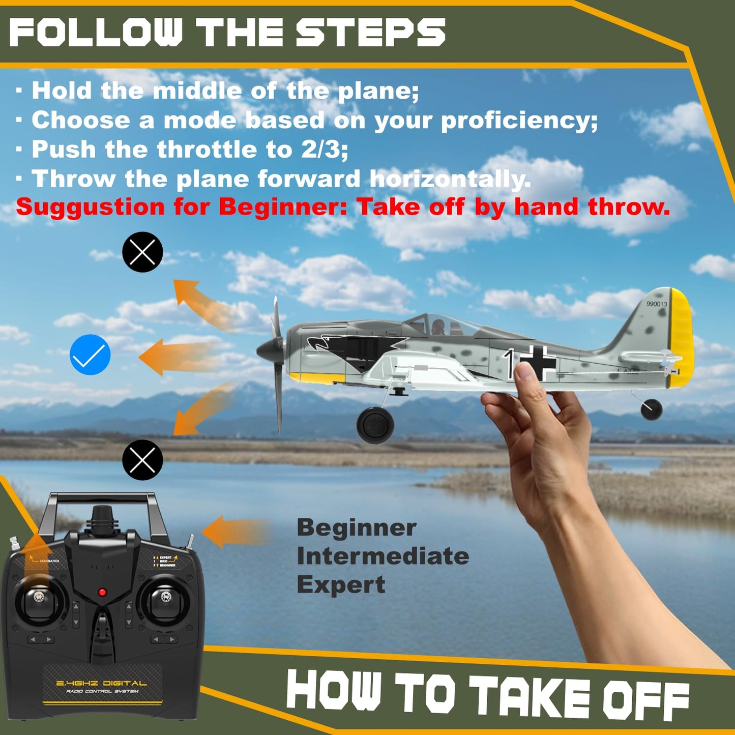 ANBURI RC Plane 4 Channel RC Airplane FW190 Ready to Fly with Upgraded Xpilot Stabilization System & One Key Aerobatic, Remote Control Airplanes for Beginners Adult
