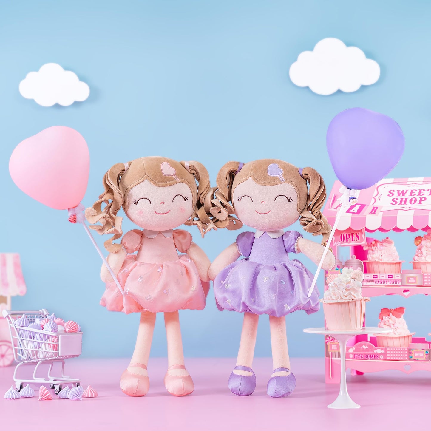 Gloveleya Baby Doll Gifts Plush Curly Girl Toys with Love Purple Light Skin