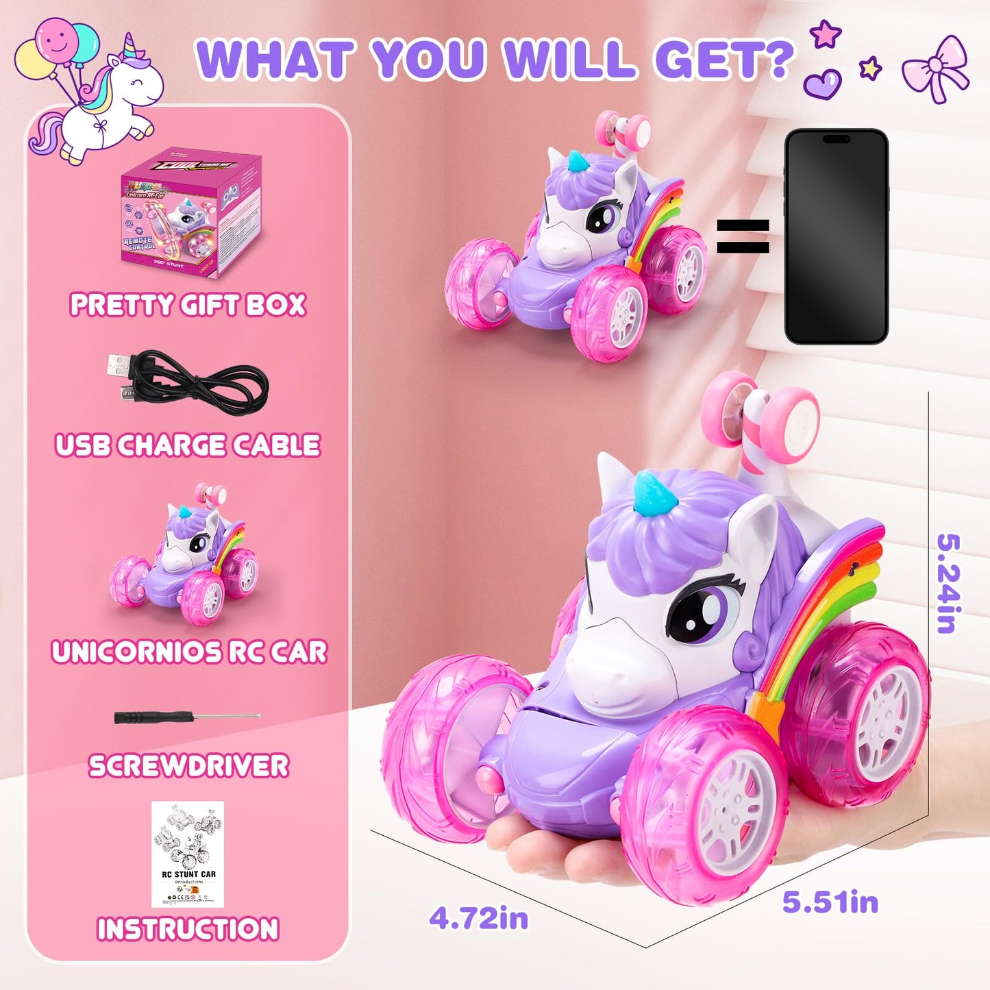 RUIDYA Unicorn Remote Control Car for Girls, 360°Rotating 4WD Stunt RC Cars for Boys with Lights, 2.4GHz Rechargeable Car Toys Gift for Toddler Kid Age 3 4 5 6+