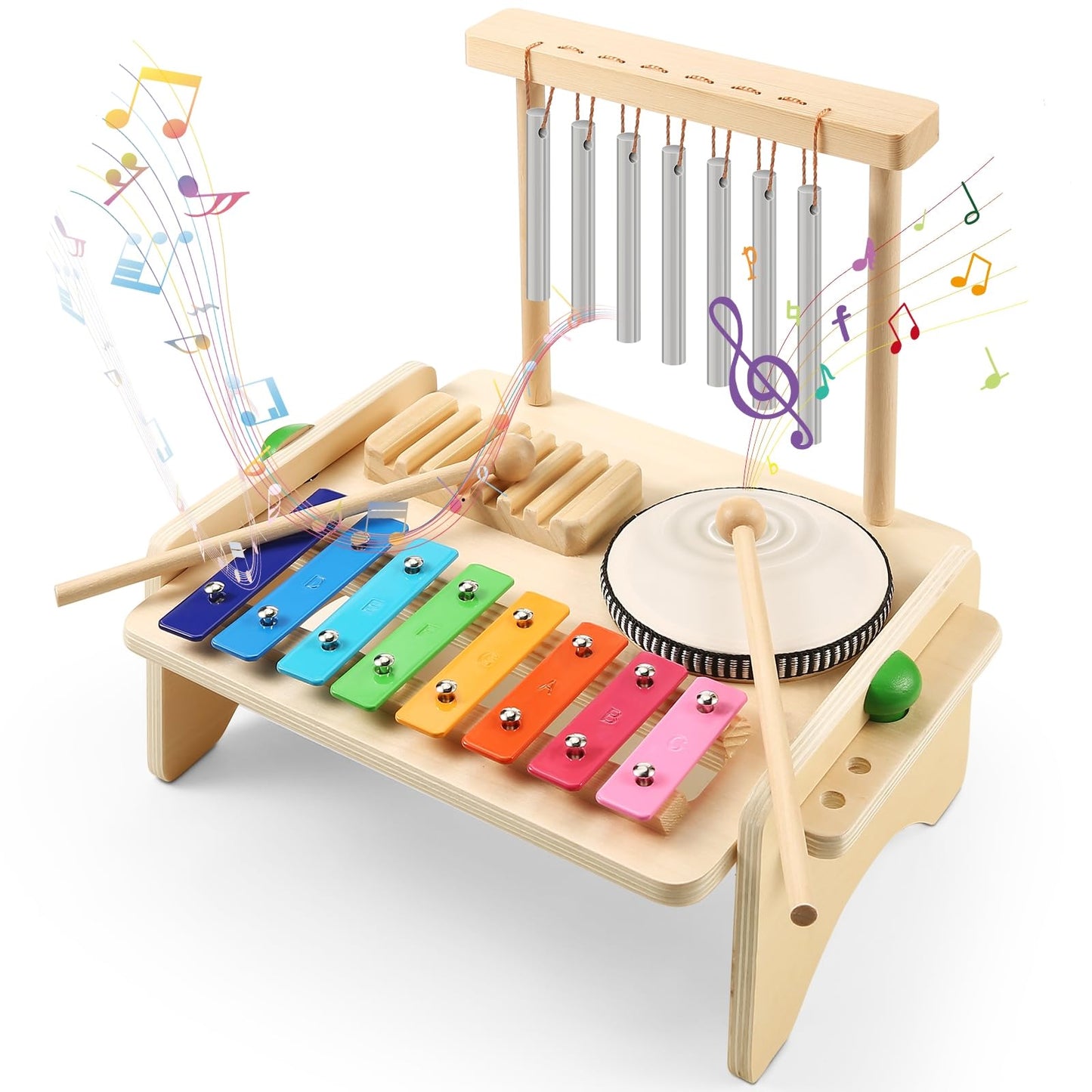 Kids Drum Set,Baby Musical Instrument for Toddler,Wooden Xylophone for Toddlers with Baby Drum Set and Wind Chime,Montessori Musical Instruments Toys for Kids,Musical Toys for Toddlers Birthday Gift