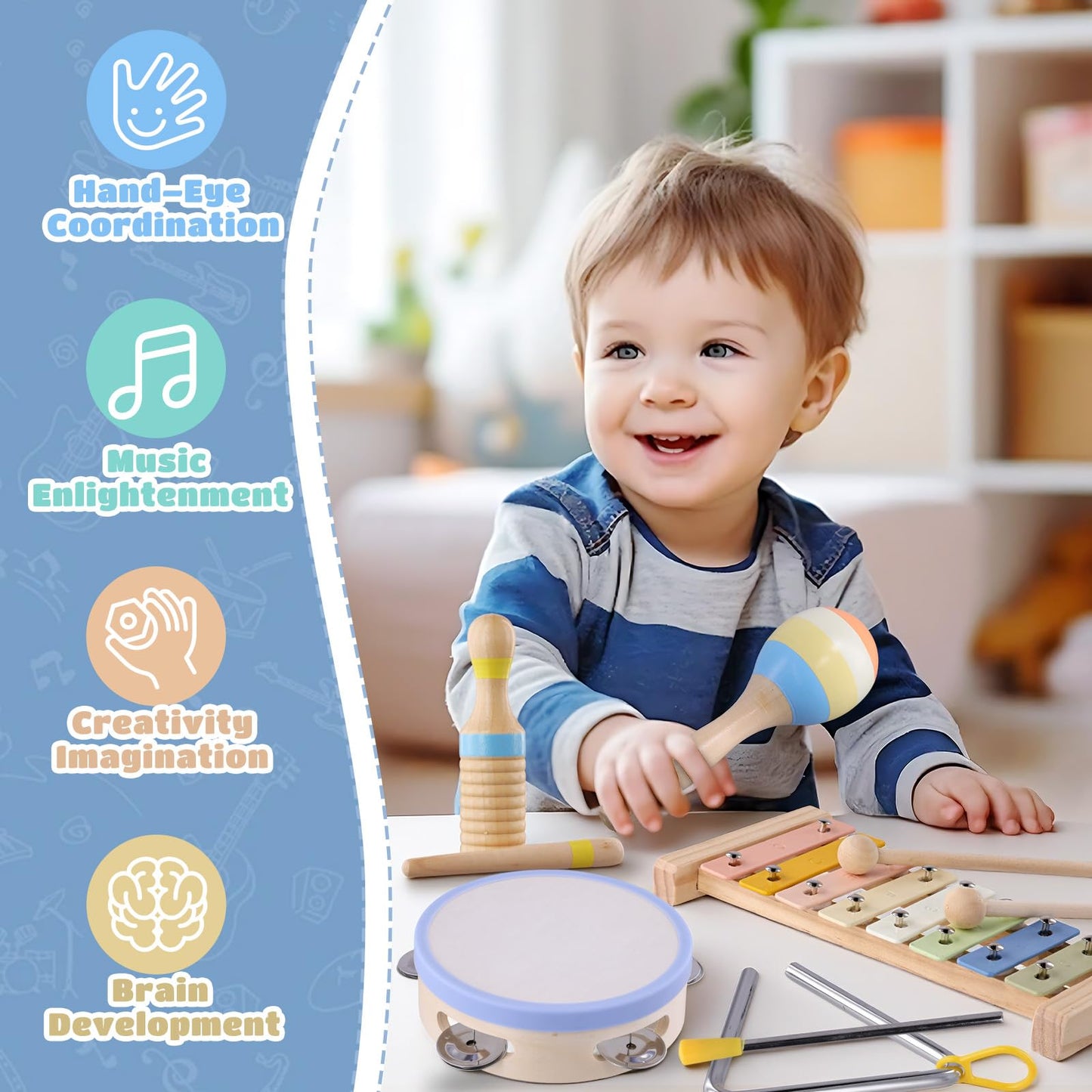 Baby Musical Instruments, Montessori Wooden Musical Toys for Toddlers 1–3, Xylophone Tambourine Triangle Maracas, Wooden Baby Instruments, Kids Preschool Educational Toys, Birthday Gift for Boys Girls