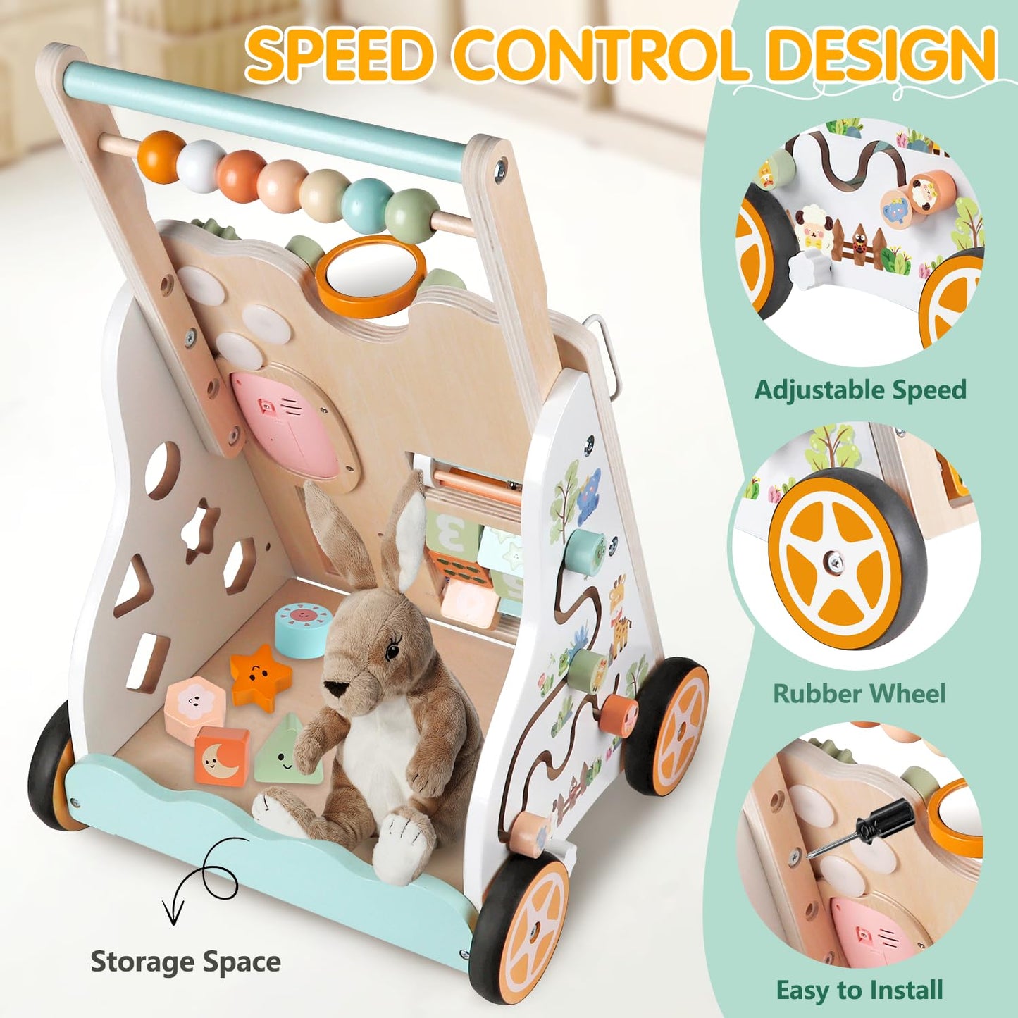 Wooden Baby Walker with Wheels, Push Walker with Baby Activity Center, Montessori Walking Toy for Girls Boys, Ajustable Speed & Height Activity Toy for Toddler Learning to Walk 12+ Months (Natural)