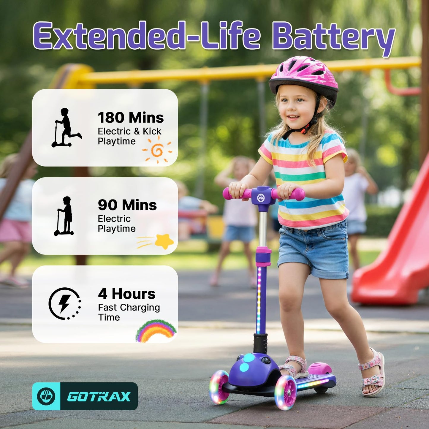 Gotrax SK1 Foldable Electric Scooter for Kids 4+, Full Body LED Light, 90min Riding & 5Mph Speed, Push-Button Throttle&Battery Indicator, 6'' Wheel&3 Adjustable Height, 3 Wheel Escooter, Gift, Purple