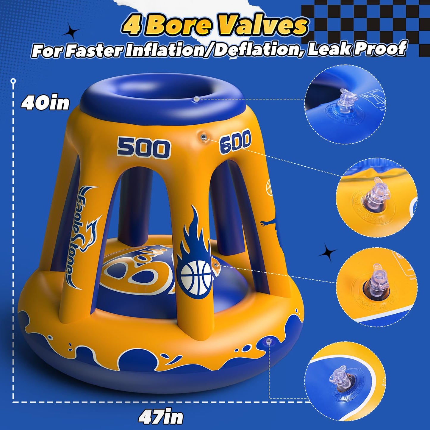 EagleStone Pool Basketball Hoop for Kids 4-8, 8-12 & Adults, 47" Inflatable Floating Basketball Hoop Pool with 3 Balls & Pump, Heavy-Duty Pool Toy for Summer Outdoor Water Games, Family & Party Fun