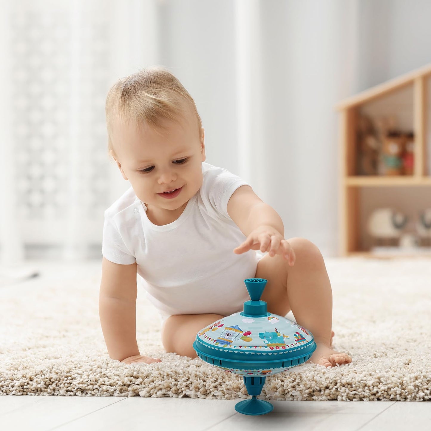 Beeqoo Humming Top Tin Spinning Top for Baby 18 Months and up, Classic Retro Toys for Toddler, Pump Spinner with Base, Parade Fun 7.9” Large Size