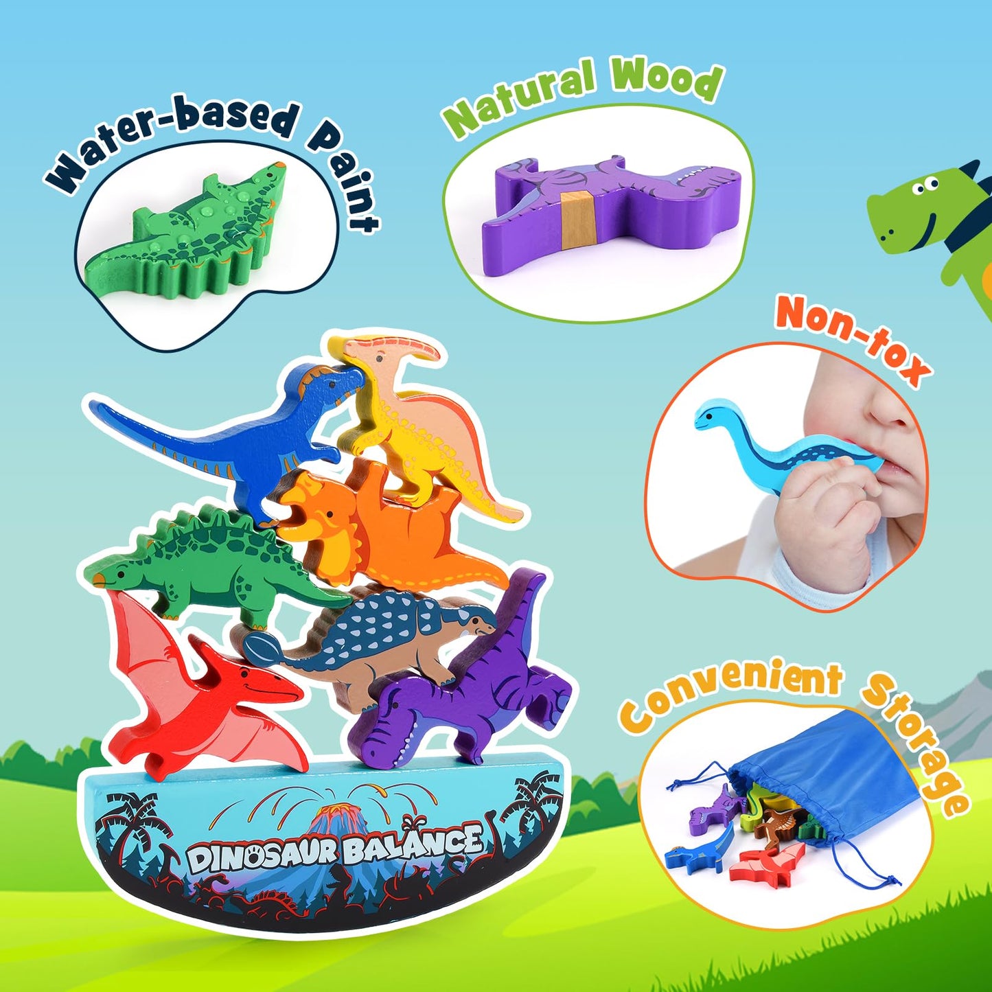 IPOURUP Dinosaur Toys for Kids 3-5: Wooden Stacking Montessori Toys for 3 4 5 6 7 Year Old Balance Competition Game for Family Ideal Christmas Birthday Gifts for Kids Ages 3-7 (Double Version)