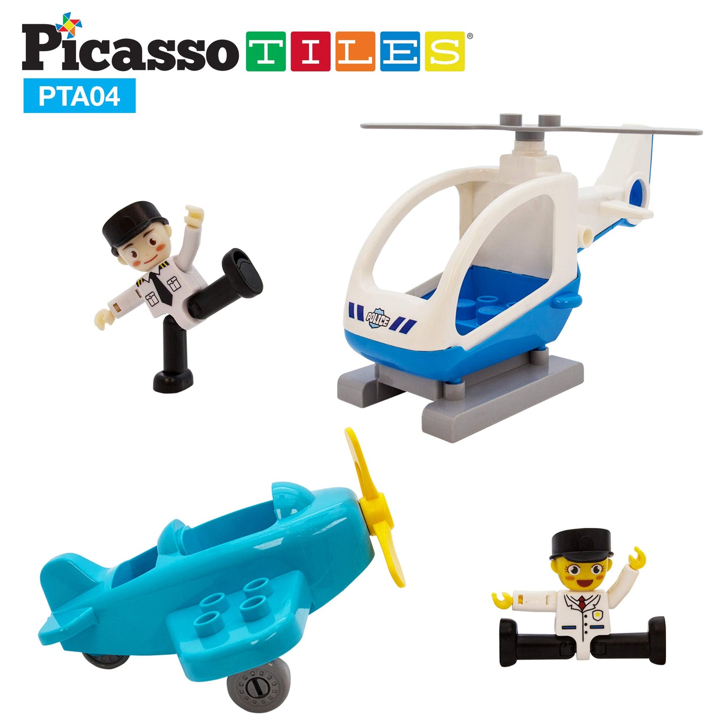 PicassoTiles Magnetic Figures 4 Piece Aircraft and Action Figure Magnet Airplane and Helicopter Expansion Pack Toddler Toy Set Educational Learning Kit Pretend Playset for Construction Building Block