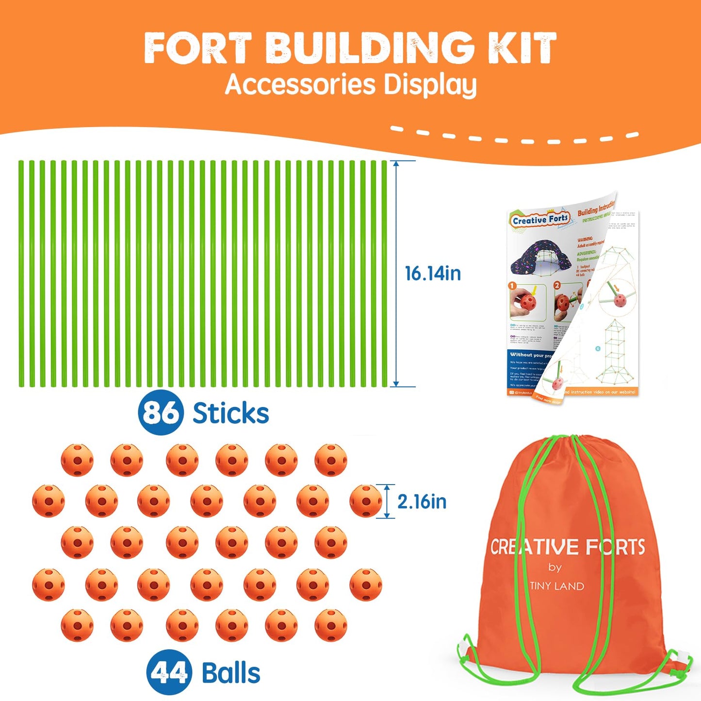 Tiny Land Fort Building Kit Creative Fort Indoor Outdoor for 5-12 Years Old Boys and Girls STEM Building Toys with Storage Bag DIY Castles Tunnels with 86 Rods and 44 Balls