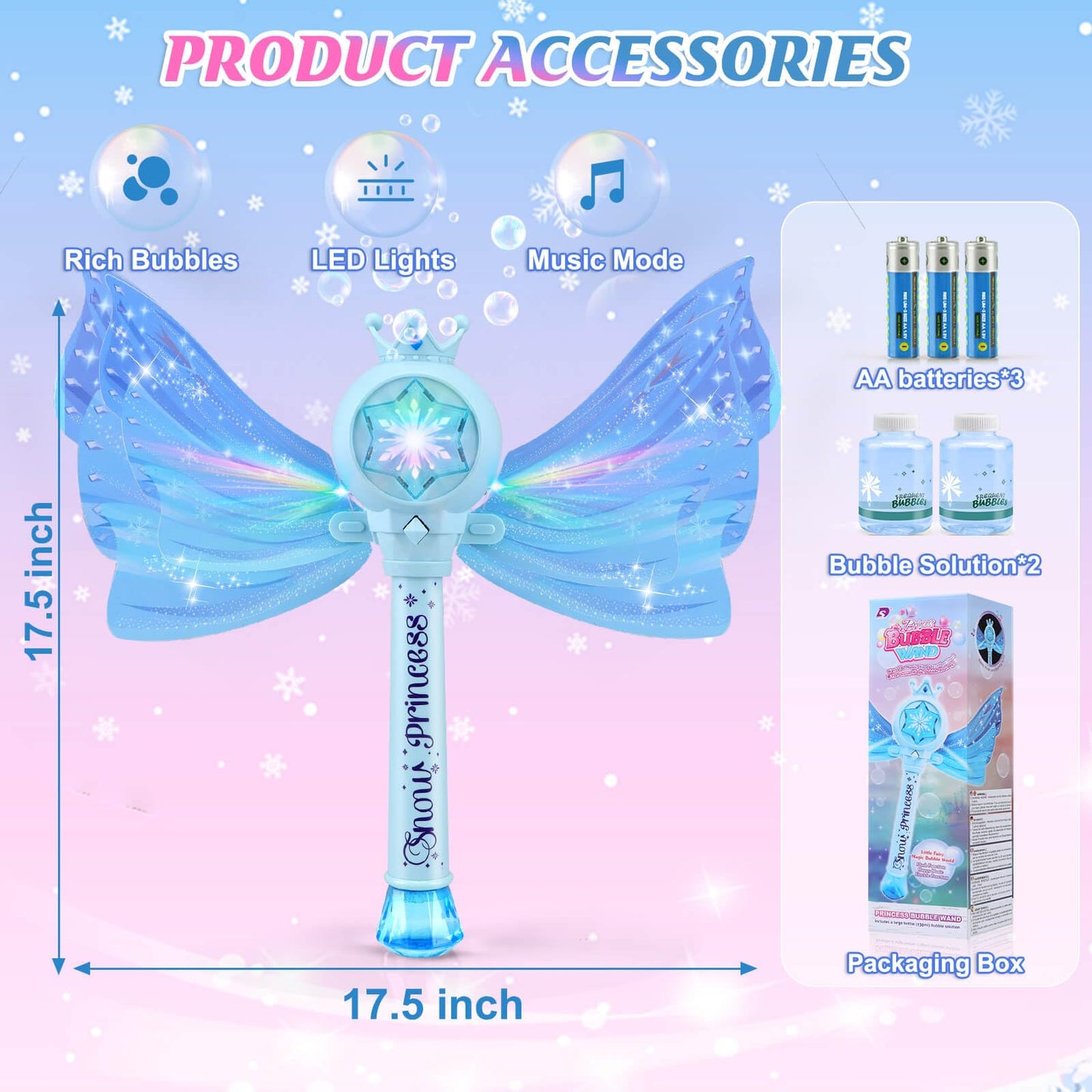 Britik Bubble Wands for Kids Girls - LED Light & Music Bubble Machine: 3 AA Batteries & 2 Bubble Solutions, Outdoor Party Birthday Toys for Toddlers, Gift for 3 4 5 6 7 8 Year Old Girls, Blue