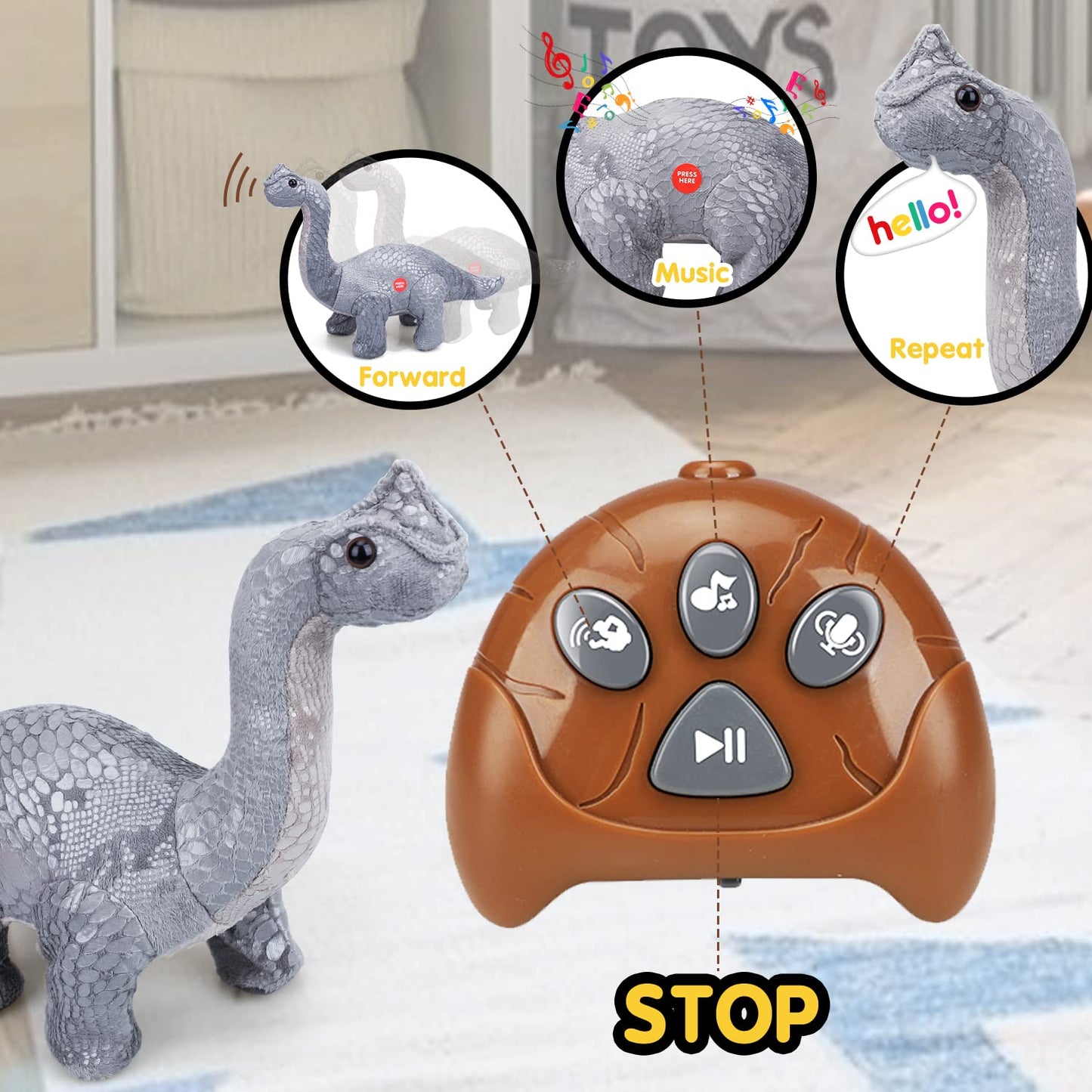 TOY Life Remote Control Dinosaurs - Walking Electronic, Plush Brontosaurus & Stuffed Animal - RC Dinosaur Gift for Kids 3-7+