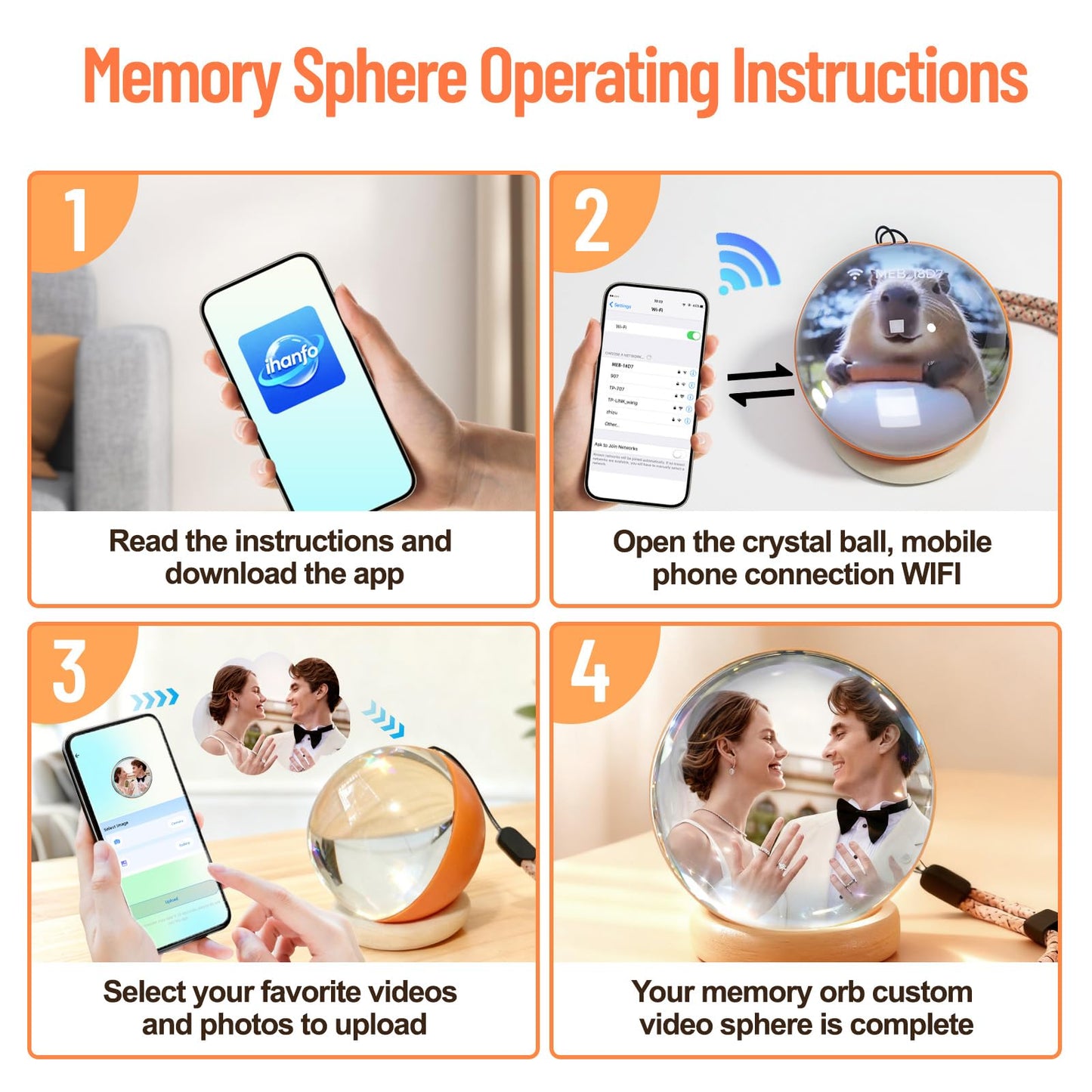 Memory Orb Ball – 2.76" Crystal Video Orb with Digital Display – Uploadable Photos & Videos via WiFi – Personalized Gift for Anniversary, Birthday, Wedding, Home Décor