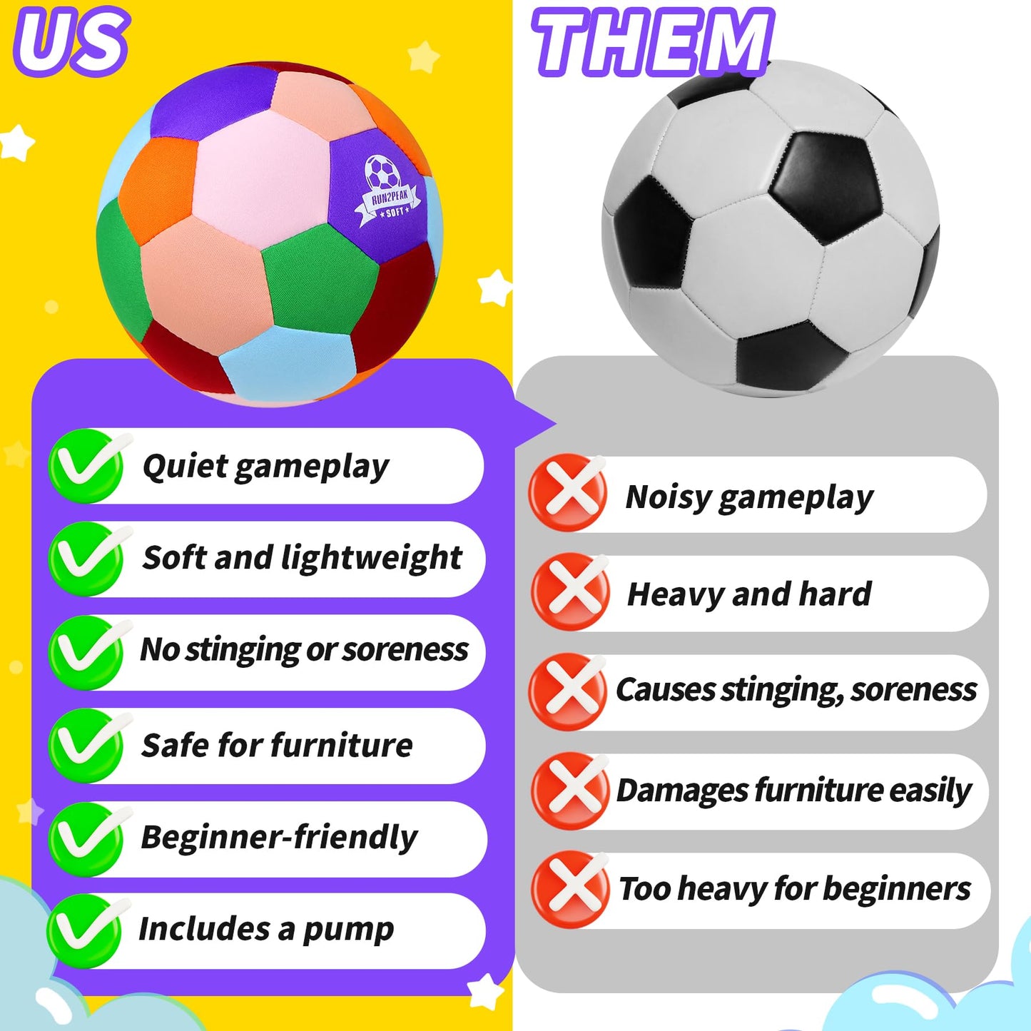 RUN2PEAK Super Light Soft Soccer Ball Size 3 - Safe and Quiet Indoor Soccer Balls Fun Gift for Inside House Yard Training Playing with Pump