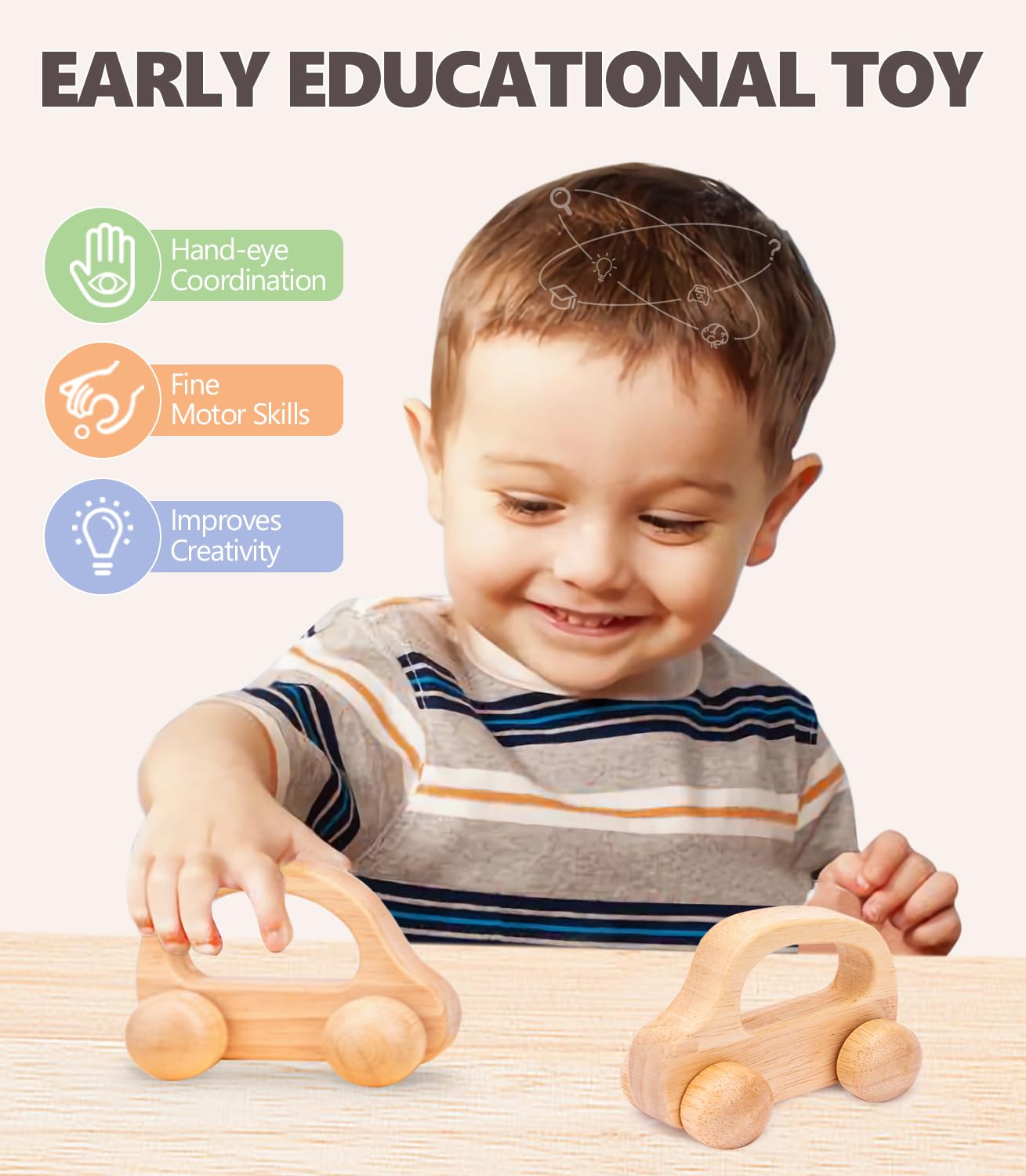 2 PCS Wooden Baby Car Toys for Toddlers 1-3 Years Old, Montessori Wooden Cars for Babies 0-6-12 Months, Neutral Wood Car Toys for Boys, Baby Nursery Decor, Early Learning Kids Wood Toys