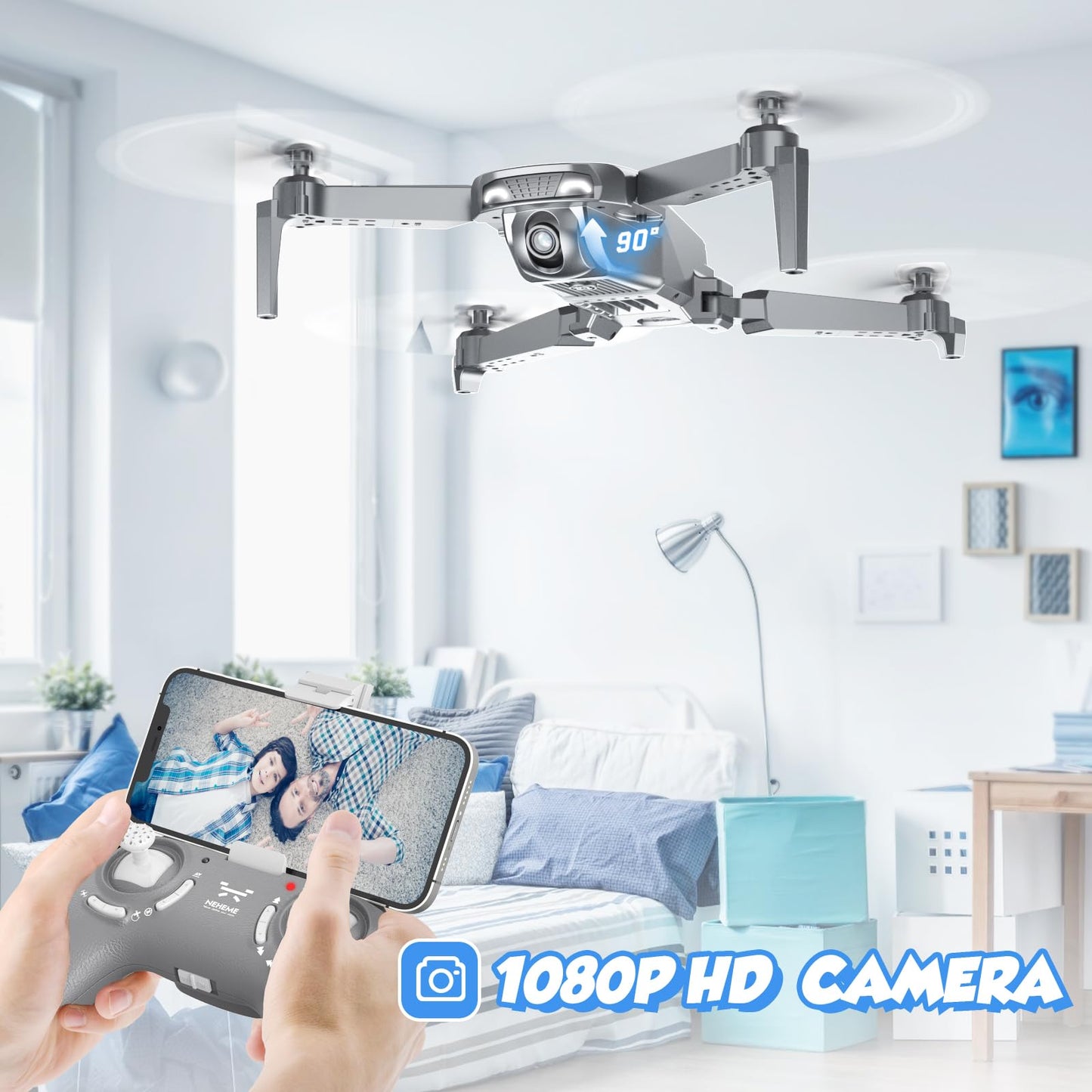NEHEME Drones for Kids with Camera - Remote Control Helicopter Toys Gifts for Boys Girls, 1080P HD FPV RC Quadcopter for Adults, One Key Start/Land, Altitude Hold, Gravity Control, 2 Batteries, Grey