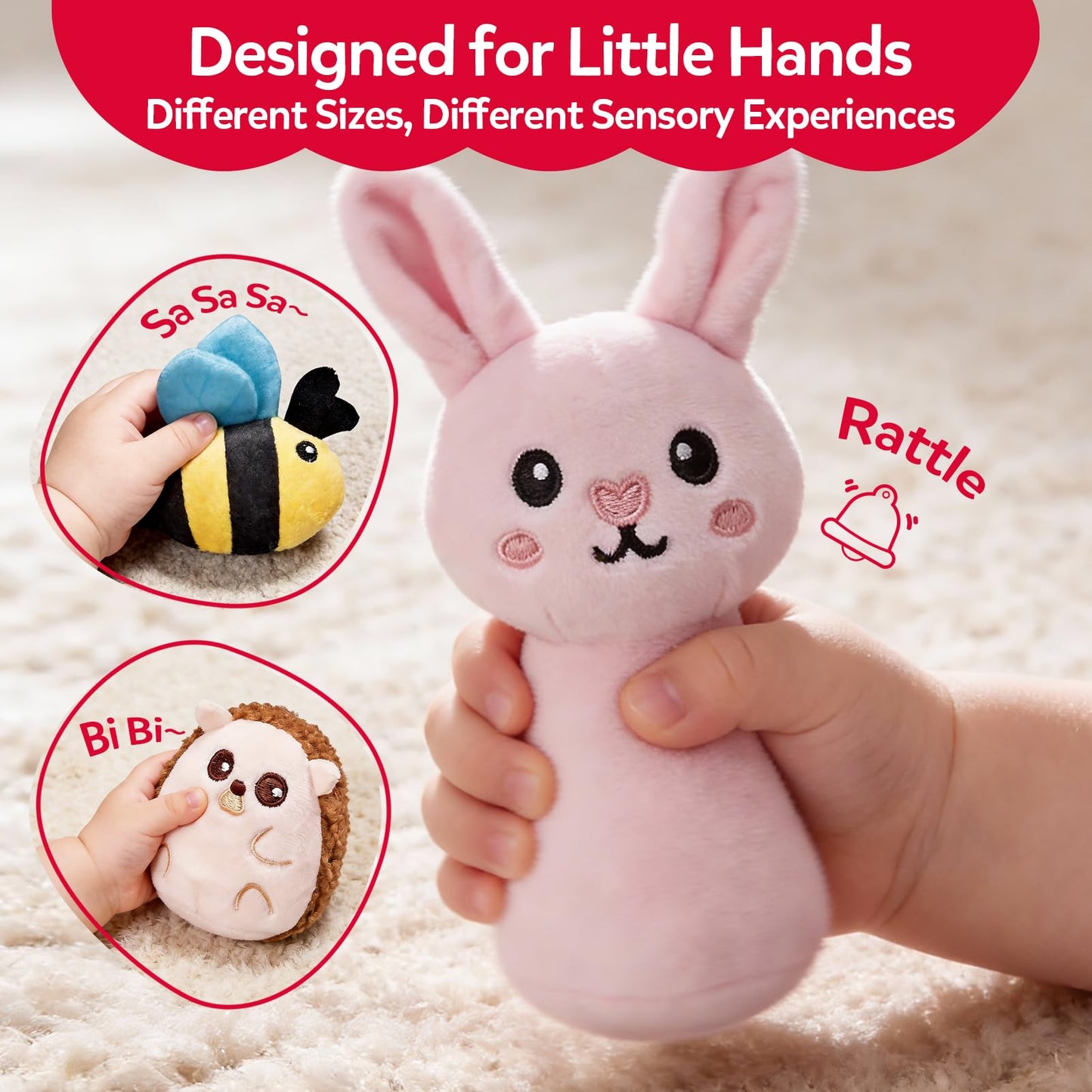 CuteZone Baby Toys 6-12 Months, Stuffed Animals for Babies, Soft Plush Forest Sensory Toy Set with Rattle, Crinkle, Mirror and Tree Stump Storage, Cause and Effect Baby Boy Girl Gifts