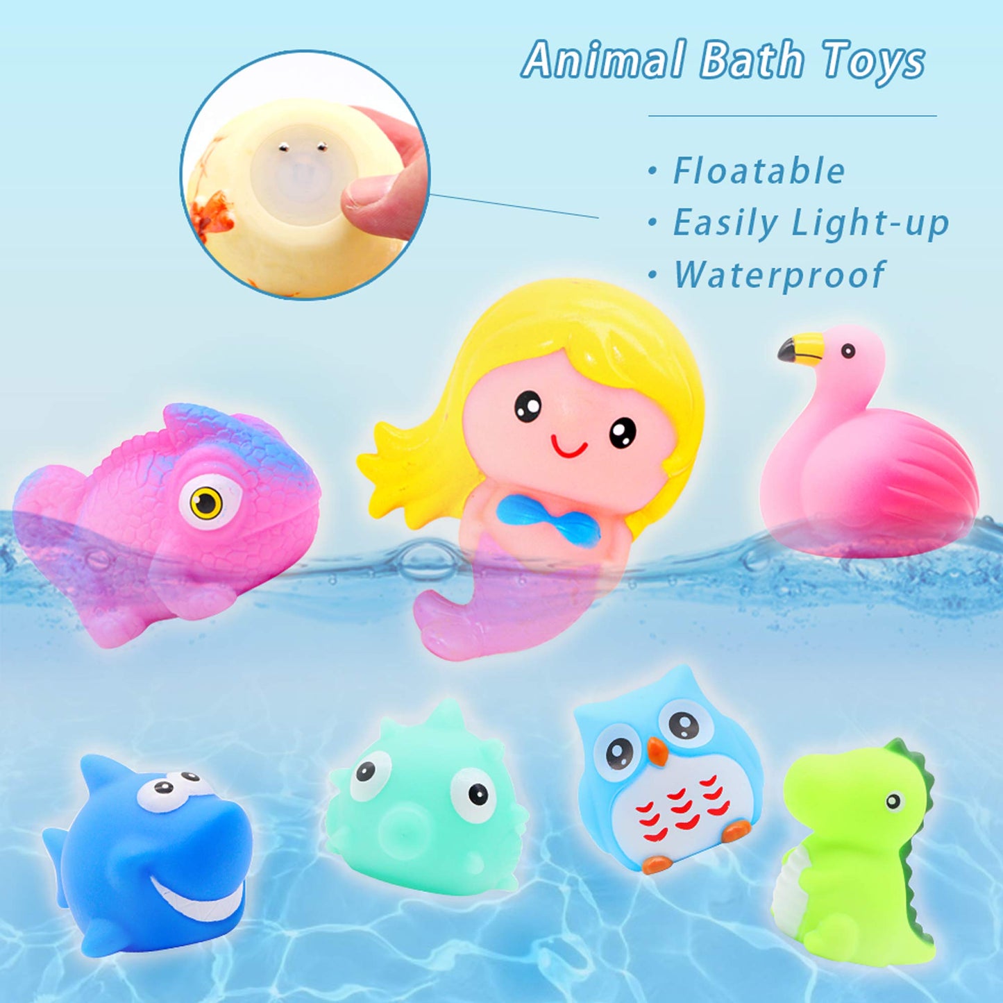 yoliyogo Animal Bath Toy Floating Auto Flashing Early Learning Toy Package with 8 Pcs Dinosaur Shark Flamingo Mermaid Etc Bathtub Shower Set Gift for Kids&Pets