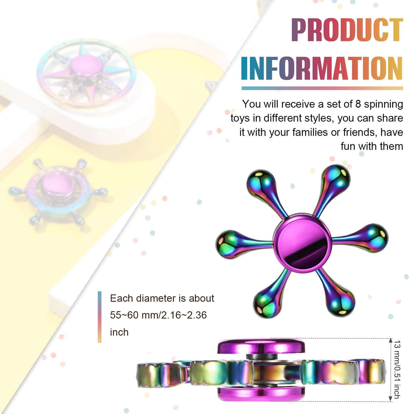 Lewtemi 8 Pieces Rainbow Metal Spinner Cool Finger Spinners High Speed Hand for Stress Anxiety Relief Gift for Adults and Teens(Chic Style)