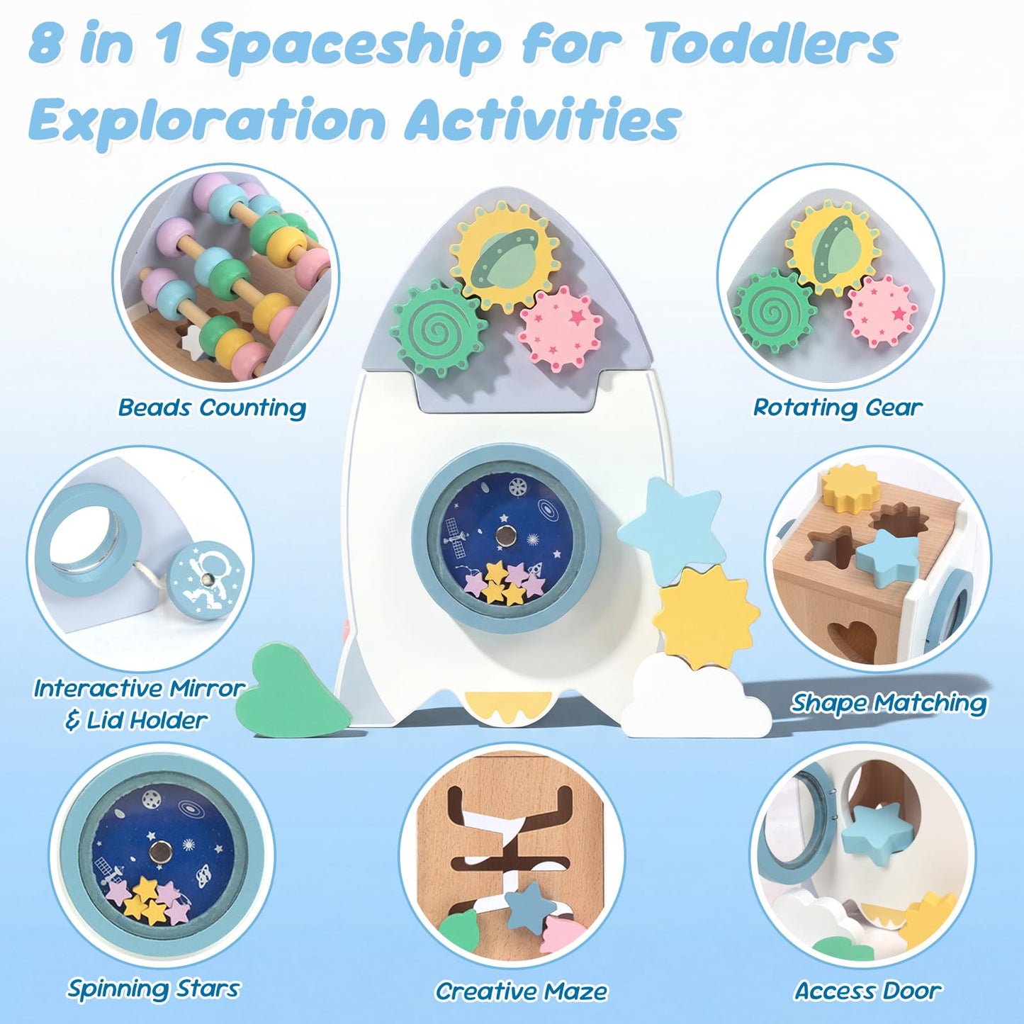 Wooden Space Toys for Baby, Wood Activity Cube Montessori Toys for 1 2 3 Years Old Boys Girls Birthday Gifts