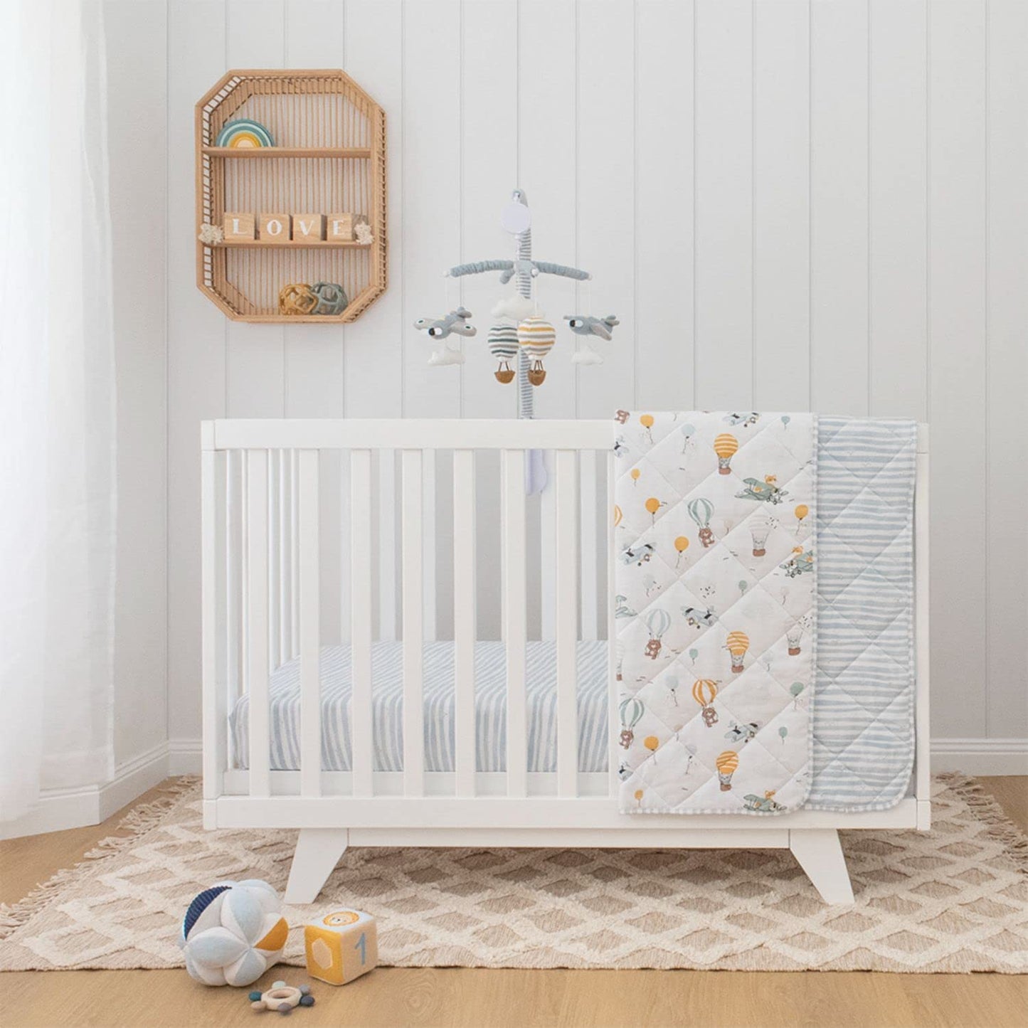 Baby Crib Mobile for Boys - Up Up and Away - Premiun Musical Nursery Decor, Sky Hot Air Balloon, Clouds & Planes, Calming Music Soother with 12 Lullabies - Essential & Perfect Gift by Living Textiles
