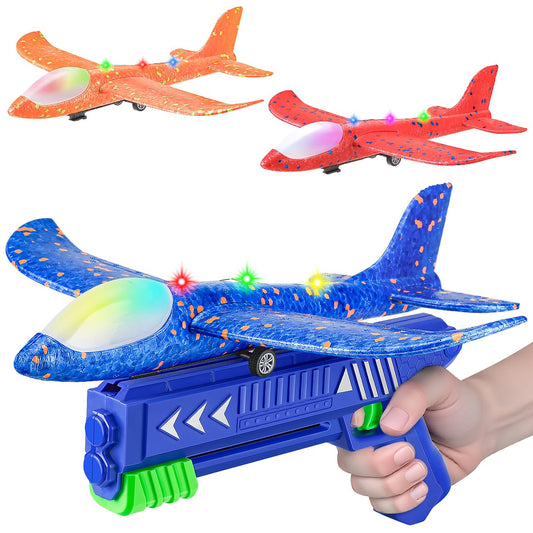 SYHLN 3 Pack Airplane Launcher Toys for 4 5 6 7 8 Year Old Boys Gifts: Airplane Shooter with 3 LED Foam Glider Planes for Kids - Outdoor Flying Toys Boys Birthday Present Gifts Age 4 5 6 7 8 9