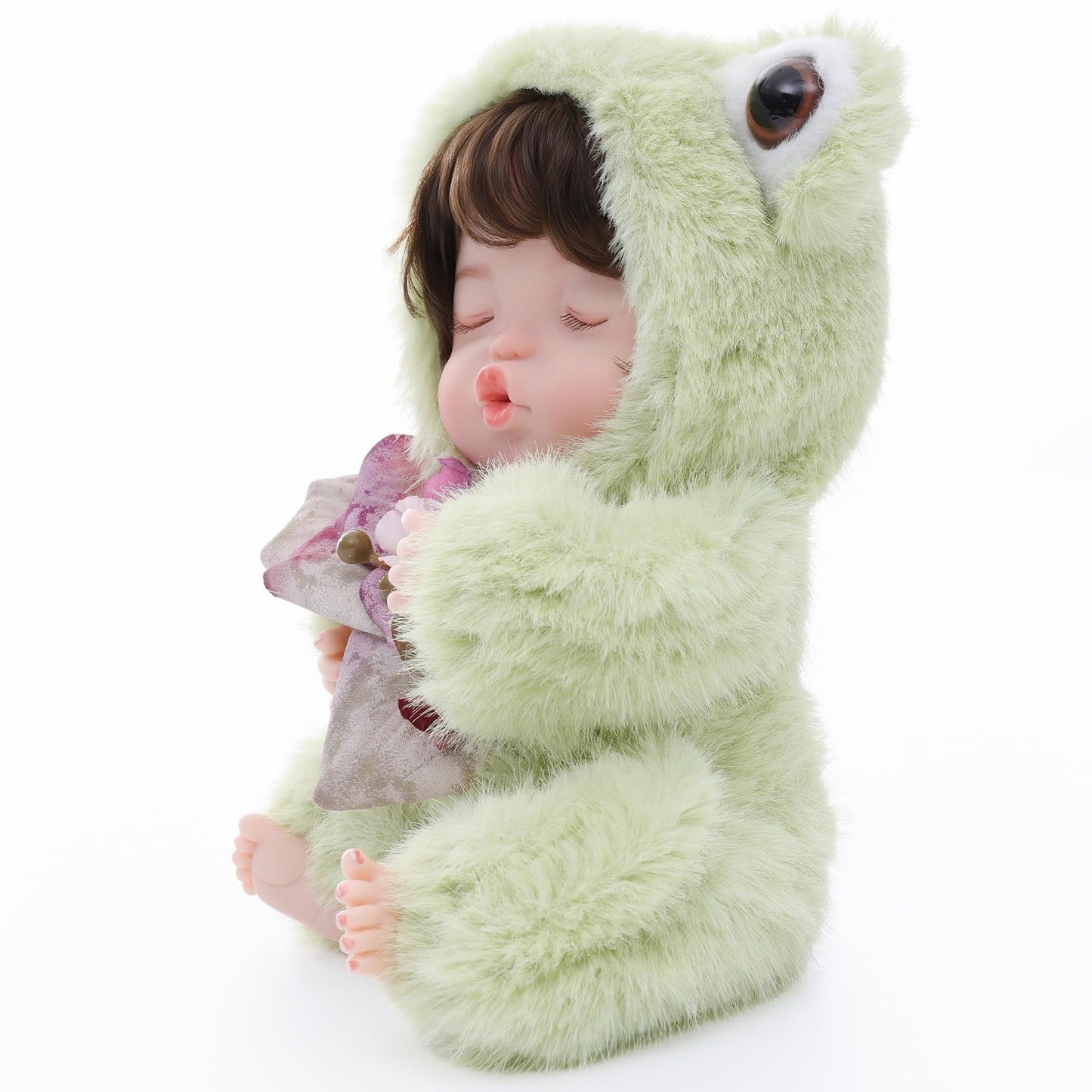 Reborn Baby Doll 10 Inch – Realistic Vinyl Sleeping Girl in Soft Green Frog Outfit – Comfort Doll Gift for Girls & Collectors