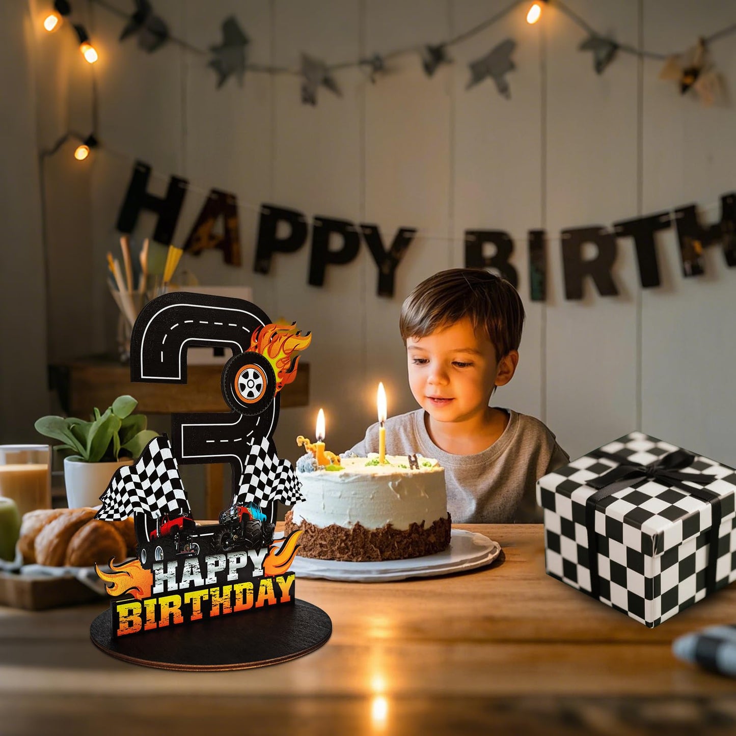 Truck Birthday Number Sign Centerpiece, Truck Wooden Decoration Photo Props for Truck Birthday Decorations (3rd)