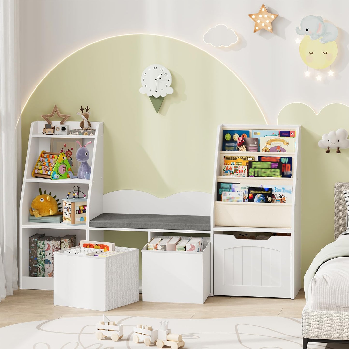 CHOEZON 53.1" Kids Bookshelf with Reading Nook, 4-in-1 Children's Bookcase with Soft Bench, Mobile Drawer & Fabric Bins, Storage Shelves, Bookshelf for Kids, White MCW18WB