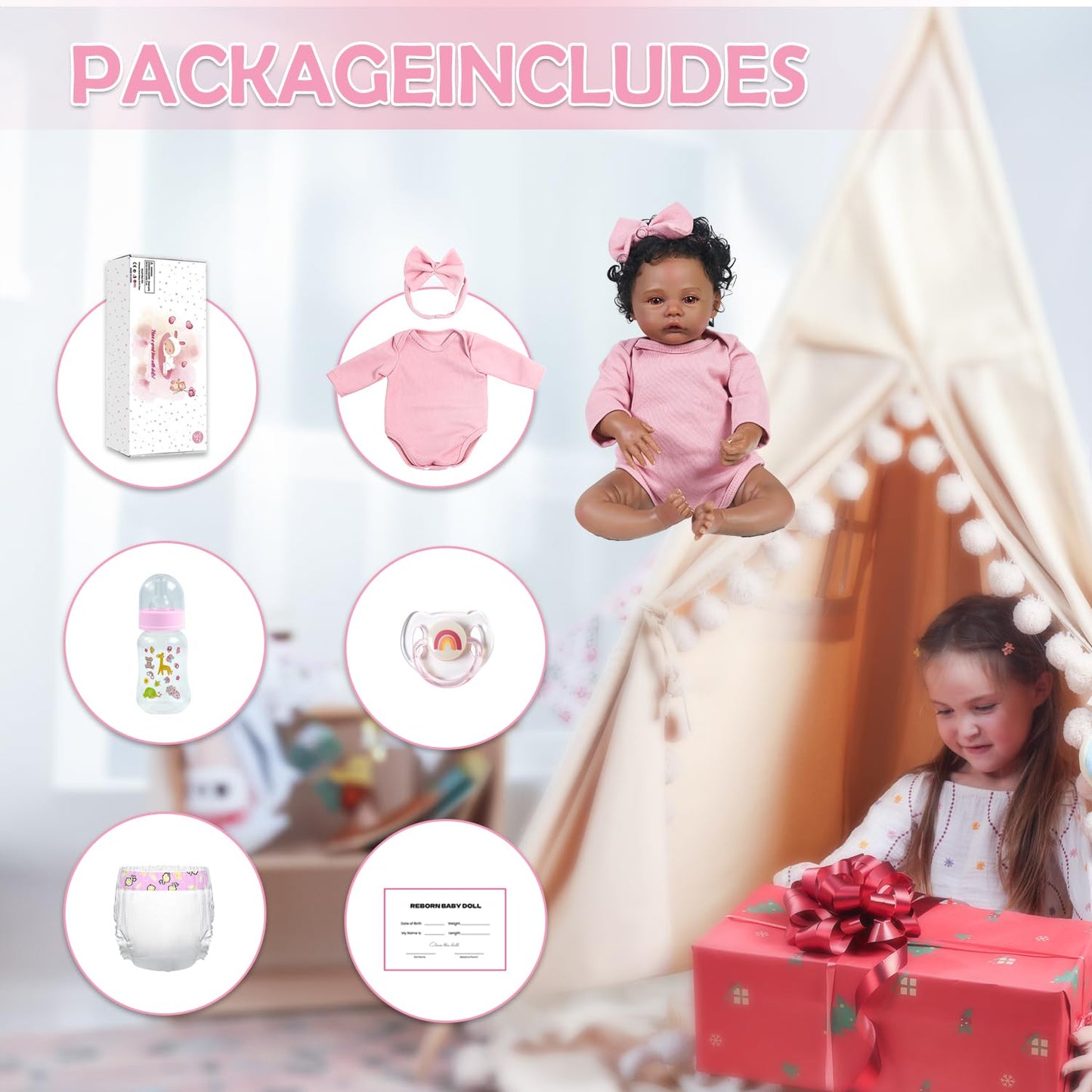 WOOROY Reborn Baby Doll Black Girl, 18 Inch Realistic African American Newborn Real Life Baby Doll, Handmade Realistic Vinyl Lifelike Baby Doll with Clothes for Kids and Collectors