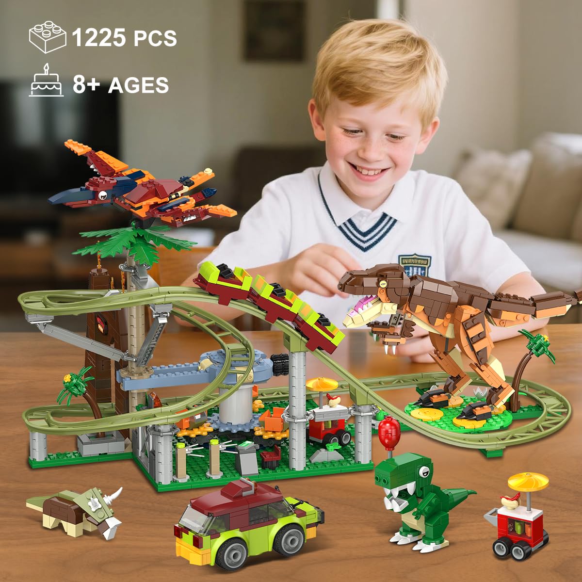 HOGOKIDS Dinosaur Roller Coaster Building Set - 1222 PCS Roller Coaster Building Toy with 4 Dinosaur, Off-Road Vehicle, Food Cart, Dinosaur Models Playset, Gifts for Adults Girls Boys Ages 8-12 Years