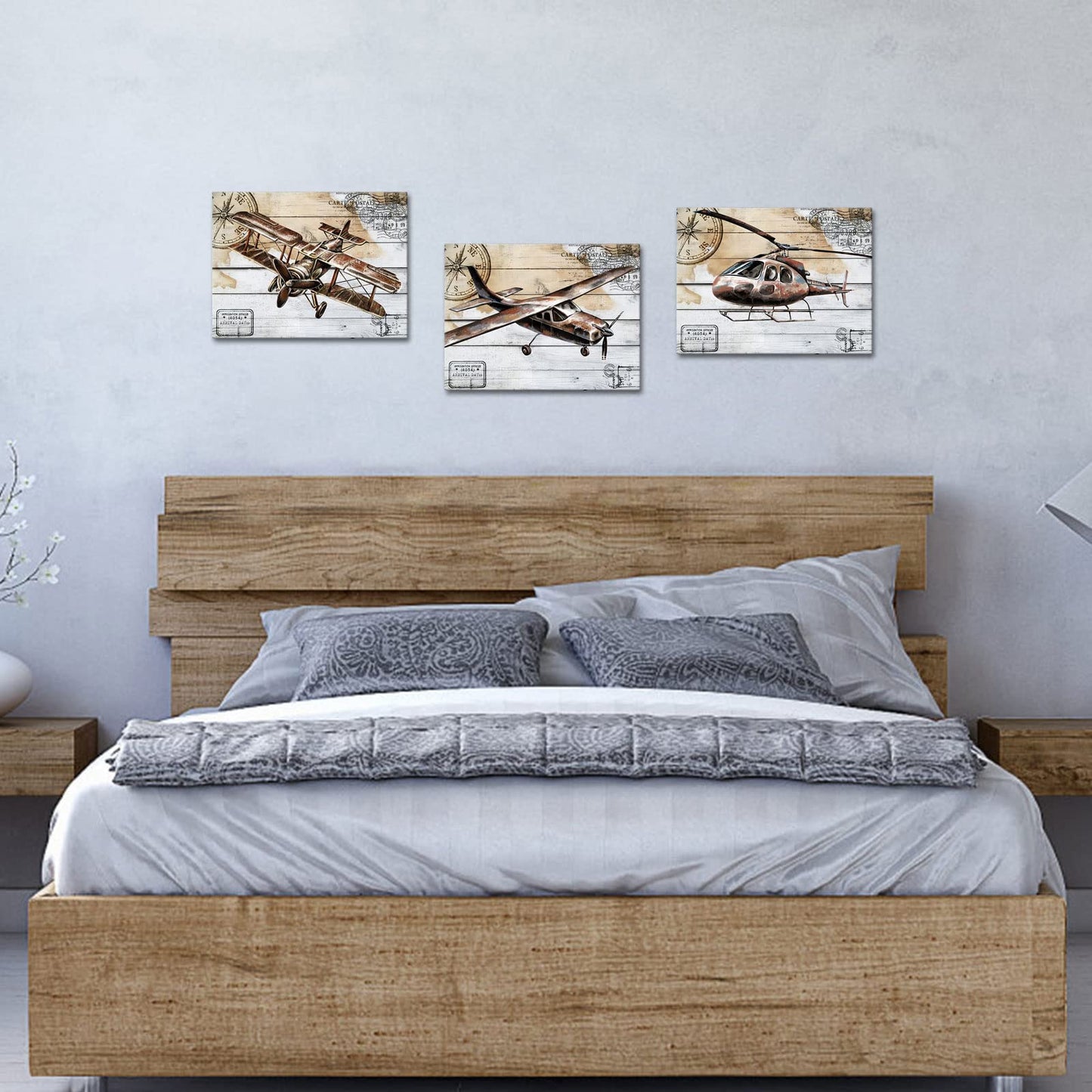 KLVOS Airplane Canvas Wall Art Retro Biplane Propeller Plane Helicopter Picture on Wood Texure Giclee Print Artwork Stretched and Framed Aircraft for Kids Boy Room Wall Decor 12x16inchx3pcs