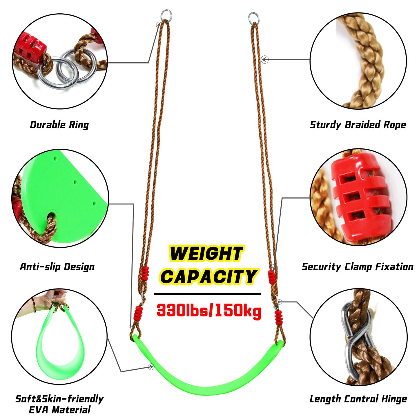 Tree Swing Climbing Rope 2 Pack Multicolor with Platforms Red Disc Swings Seat - Outdoor Playground Set Accessories Tree House Flying Saucer Outside Toys - Bonus Carabiner and 4 Feet Strap