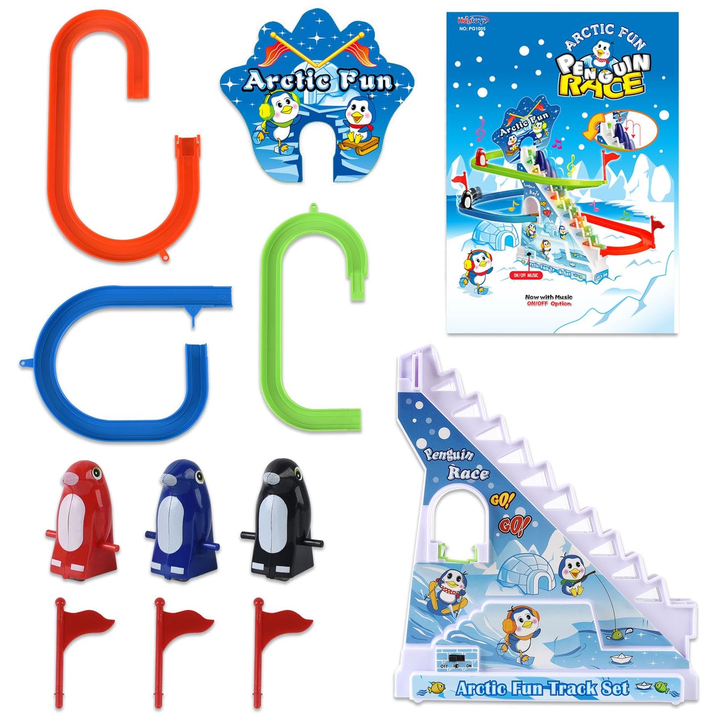 Arctic Fun Penguin Slide Toy Set: Playful Stair Climbing Penguins with Sliding Tracks, Music On/Off Switch for Quiet Play | Interactive Penguin Toy for Kids Toddlers Boys & Girls