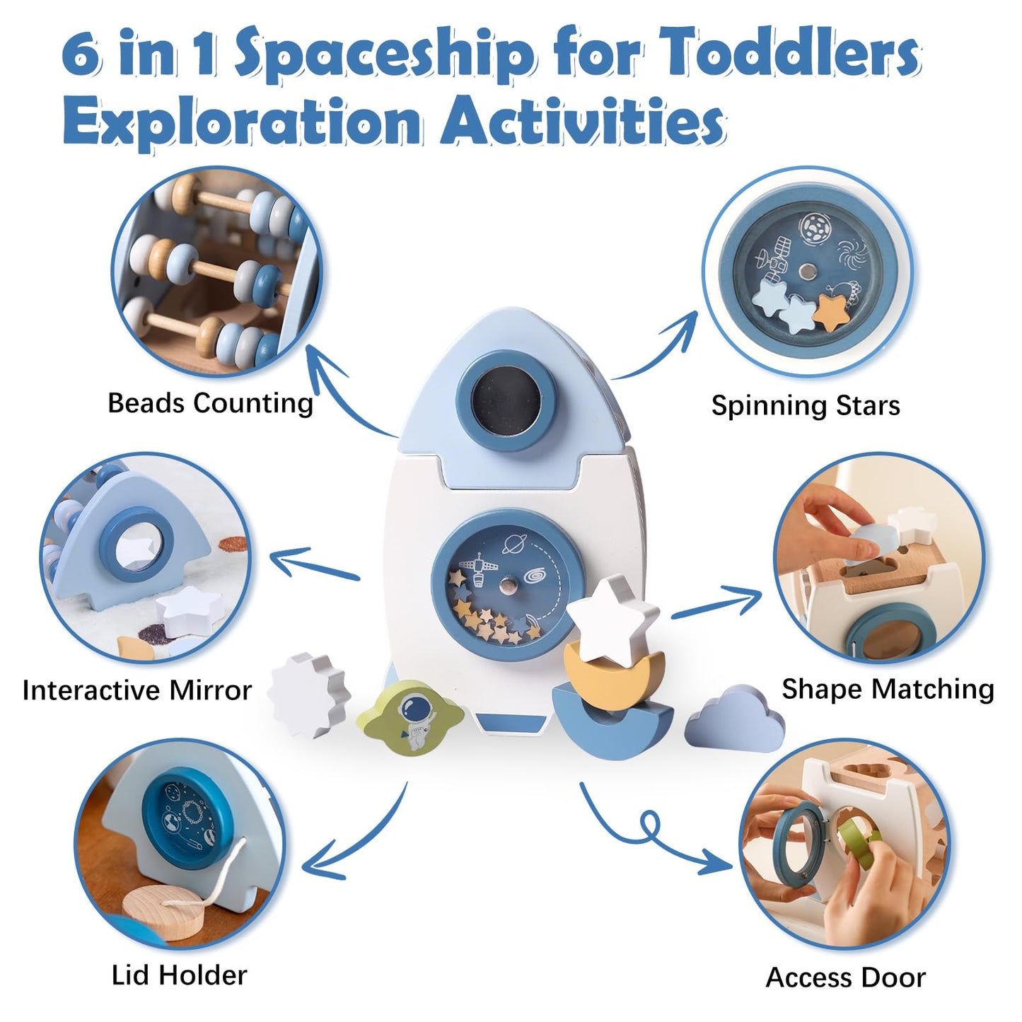 Smartwo Wooden Space Toy for Baby, Montessori Toys for Babies, Toddler Rocket Toy, Sensory Activity Cube Learning Game, 1st Birthday Gift for Boys and Girls