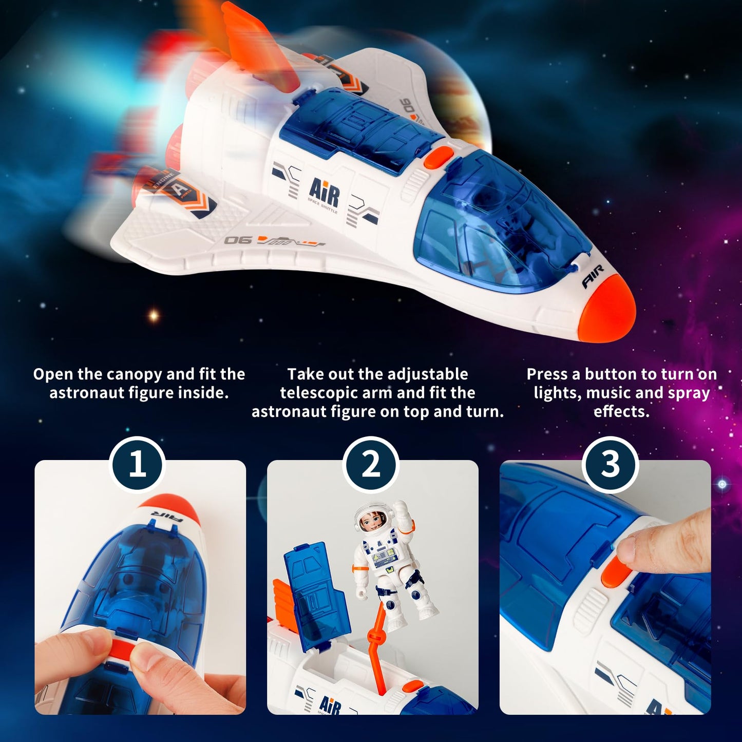 Wbzle Spaceship Shuttle Toy with Astronaut Figure - Fun Rocket Ship Space Toys for Kid, Space Toy for Boys 5-8 Planet Toys with Lights Spray and Sound, Astronaut Exploration Gift