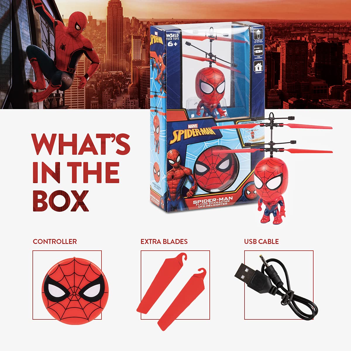 World Tech Toys Marvel Spider-Man Big Head Helicopter Toy – Motion Sensored Flying Toy for Kids - Marvel Licensed - Kids 6+