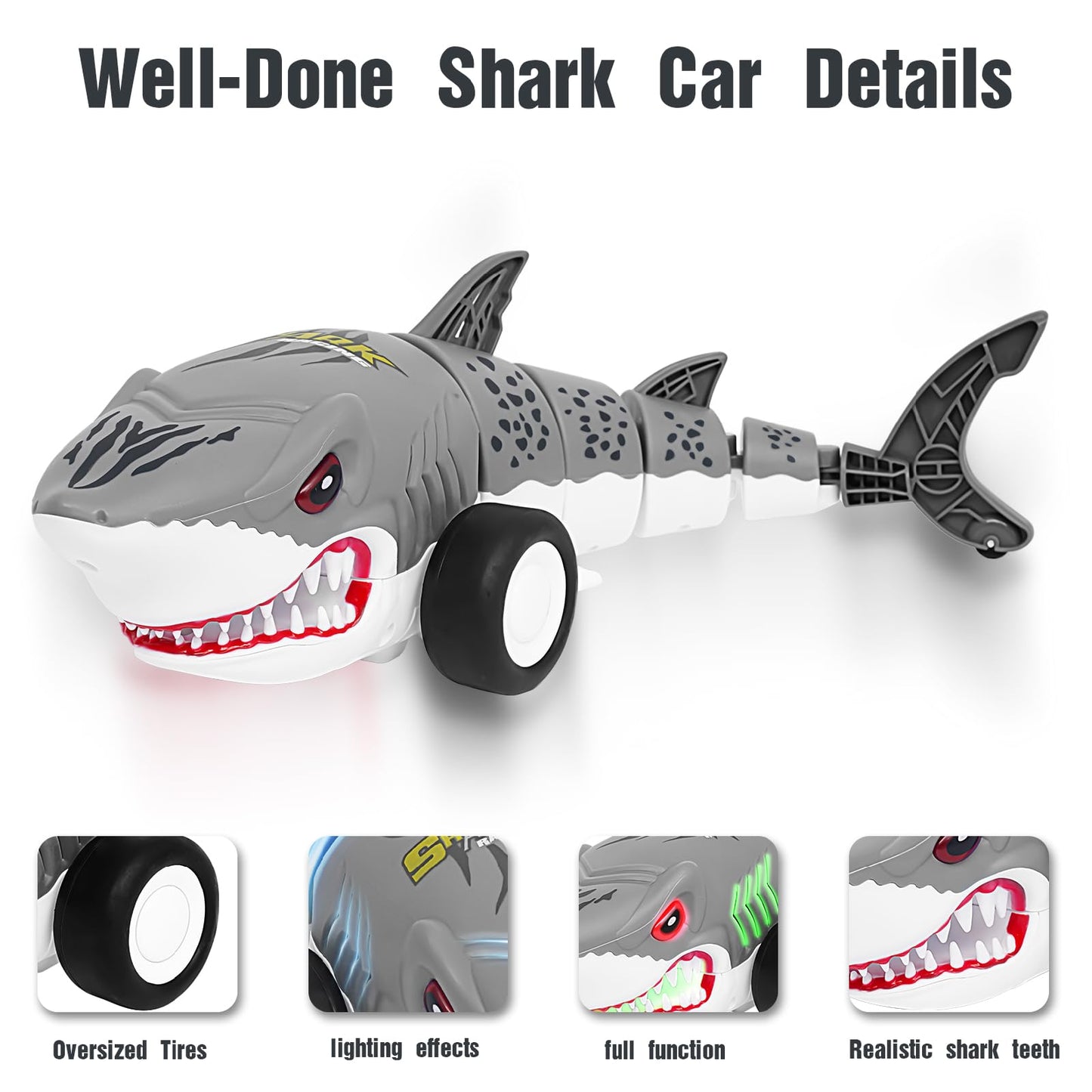 Surecool Remote Control Shark Cars Toy,Rechargeable RC Toy Car, RC Monster Truck for Boys 6-12 Year Old,360°Rolling Turns & Slides with Lights Cool Outdoor Toys Birthday Gift for Boy Kids Gifts (gray)