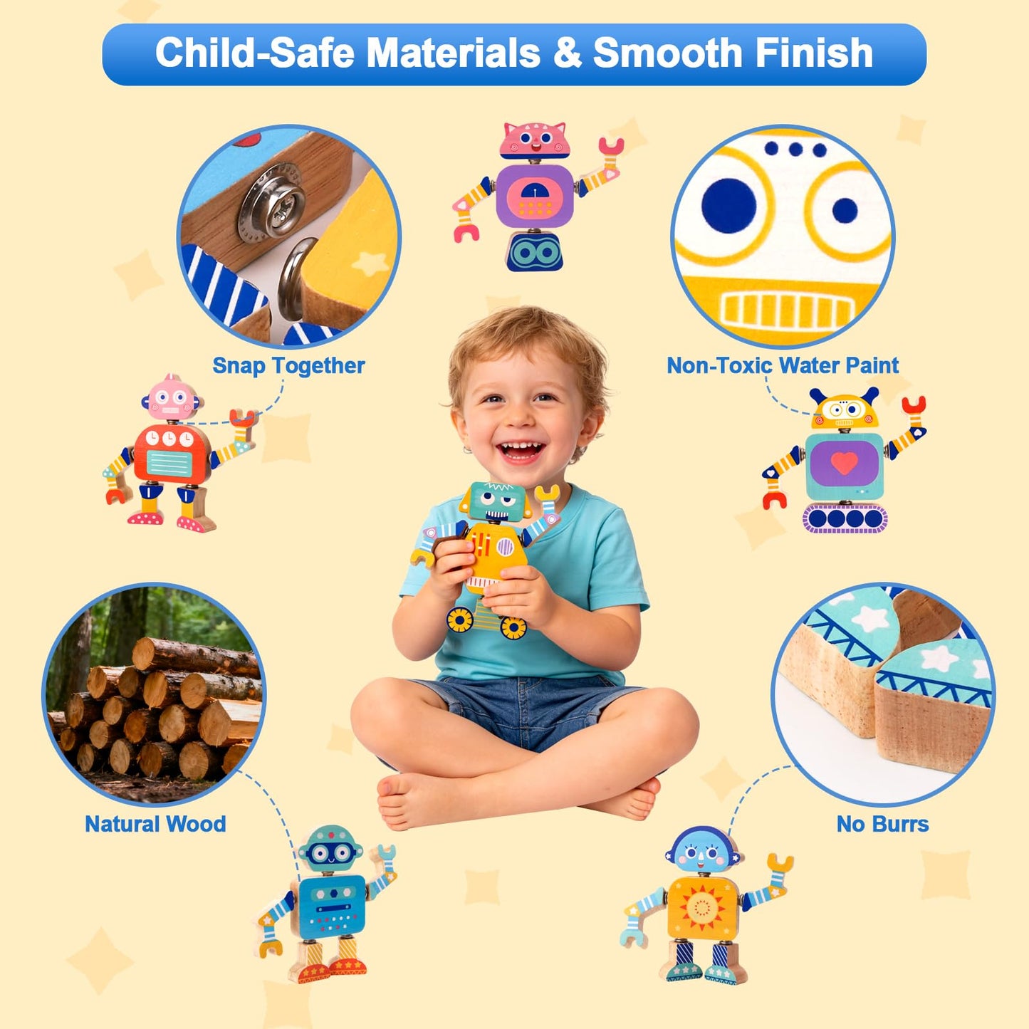 Wooden Snap-Together Robot Building Block Set, Montessori STEM Take-Apart Toy, 33-Piece Fine Motor Skills Learning Toy with Poseable Limbs for Different Robot Poses,for Kids Ages 3-6 with Storage Bag